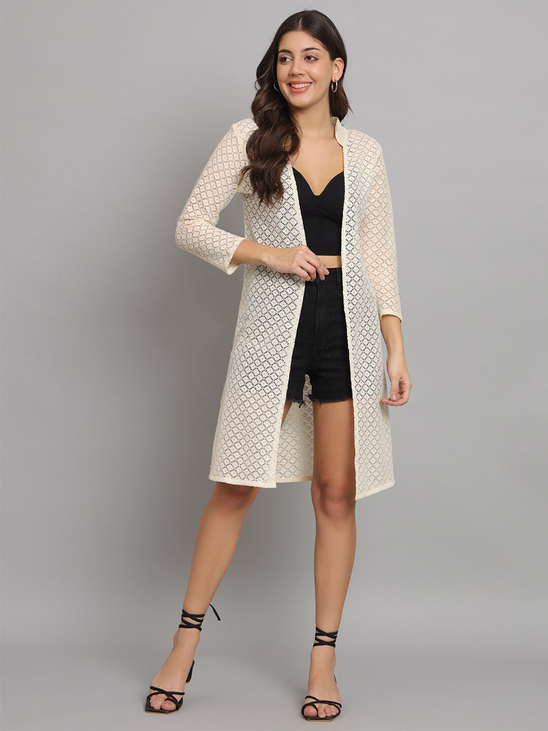 

urSense Open Front Laced Longline Sheer Shrug, Off white