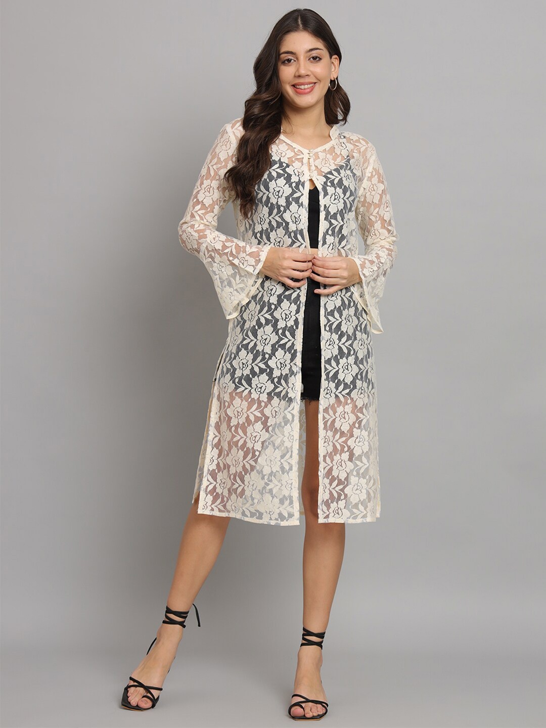 

urSense Self Design Lace Longline Open Front Sheer Shrug, Off white