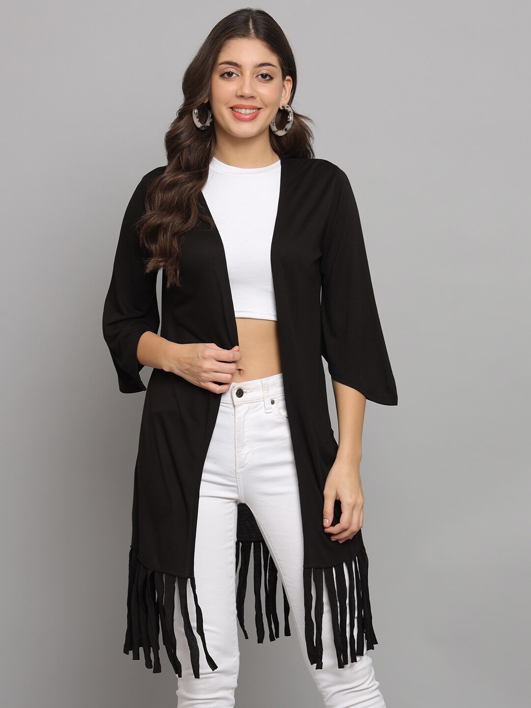 

urSense Fringes Detail Pure Cotton Open Front Longline Shrug, Black