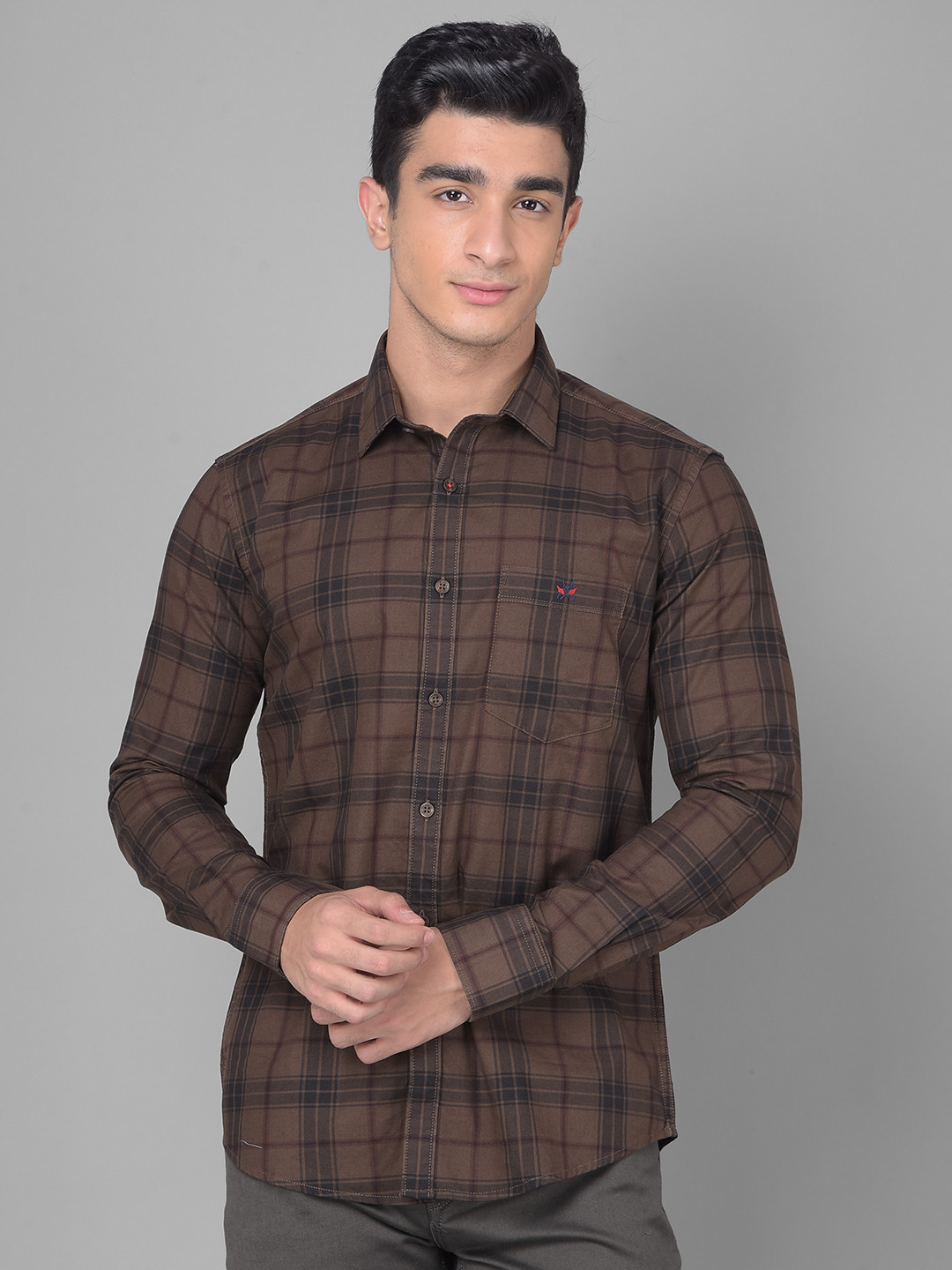 

Crimsoune Club Slim Fit Tartan Checks Pure Cotton Casual Shirt, Brown
