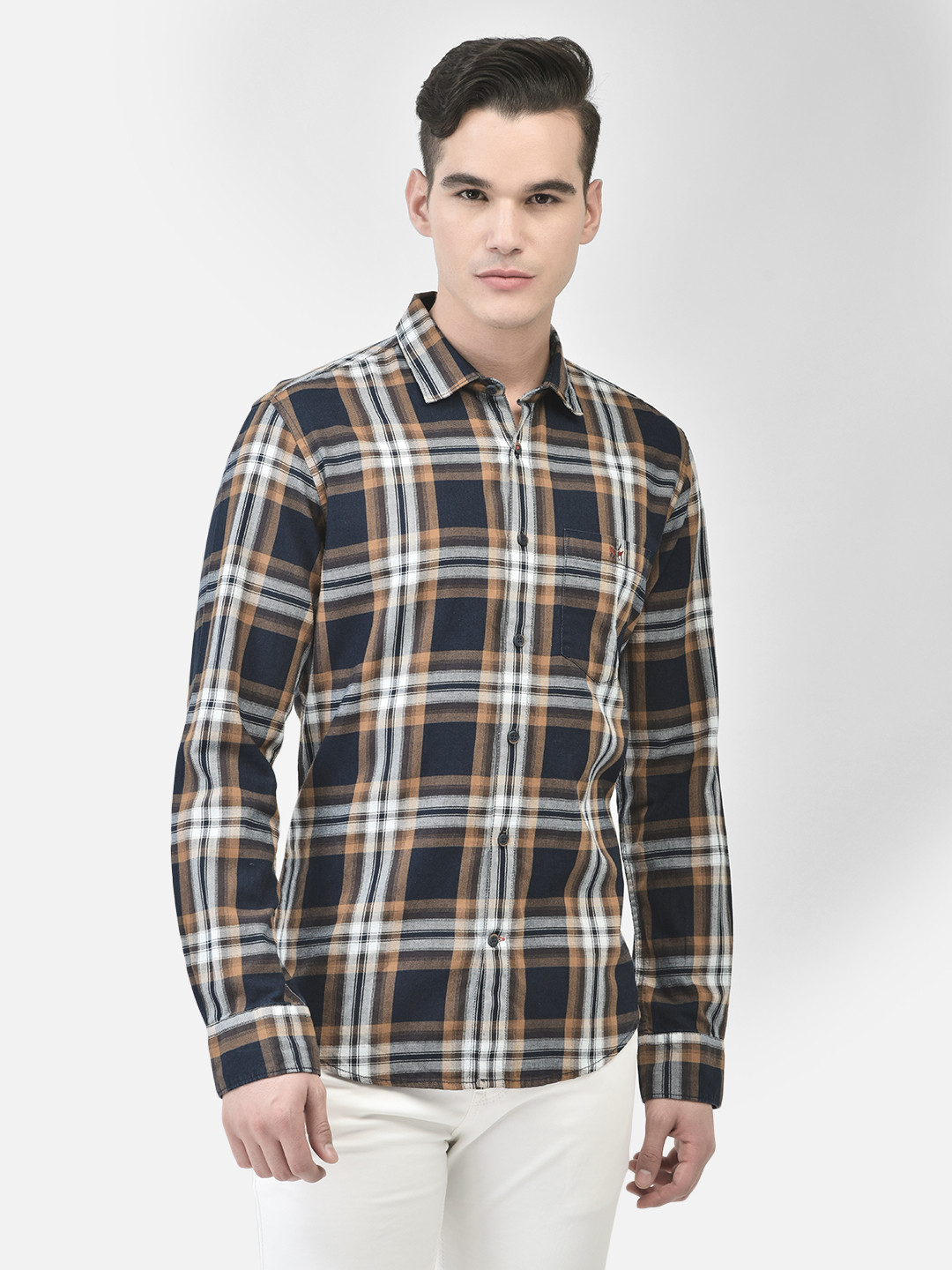 

Crimsoune Club Slim Fit Tartan Checked Spread Collar Pure Cotton Casual Shirt, Brown
