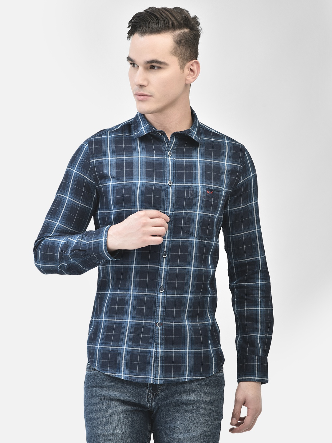 

Crimsoune Club Slim Fit Tartan Checks Cotton Casual Shirt, Navy blue