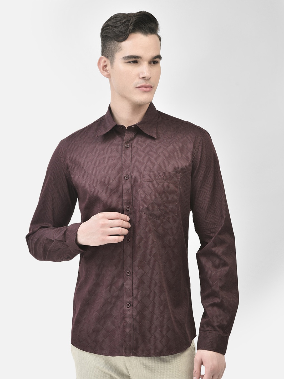 

Crimsoune Club Slim Fit Geometric Printed Spread Collar Long Sleeves Cotton Casual Shirt, Maroon