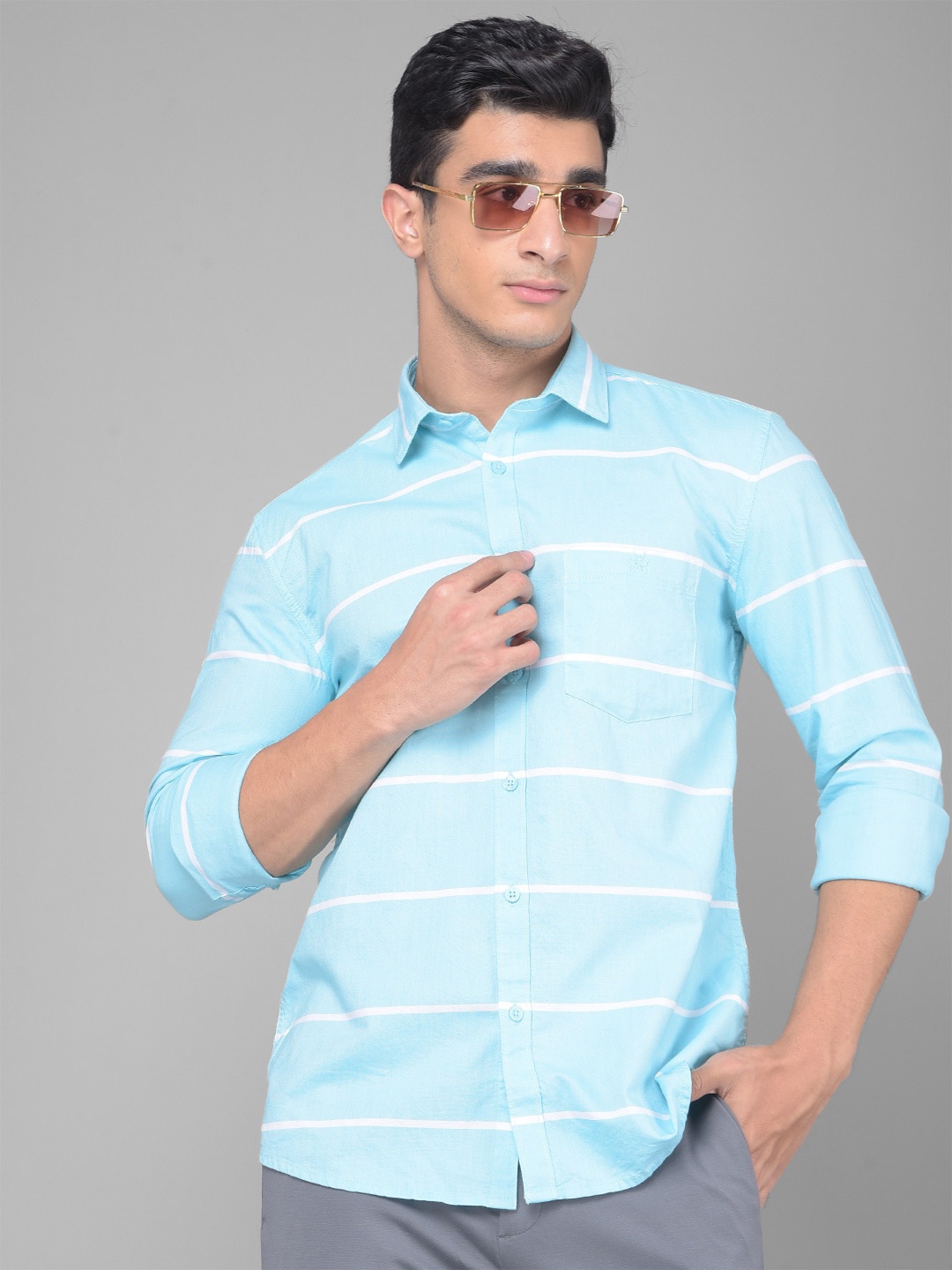 

Crimsoune Club Horizontal Stripes Slim Fit Pure Cotton Casual Shirt, Blue