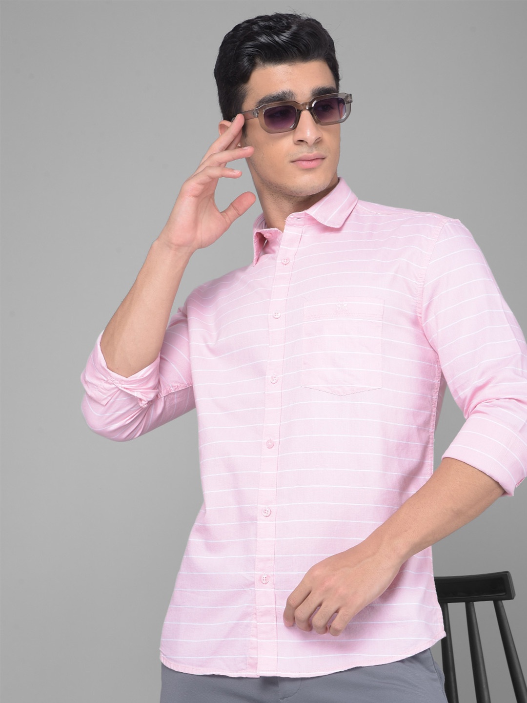 

Crimsoune Club Slim Fit Horizontal Striped Pure Cotton Casual Shirt, Pink