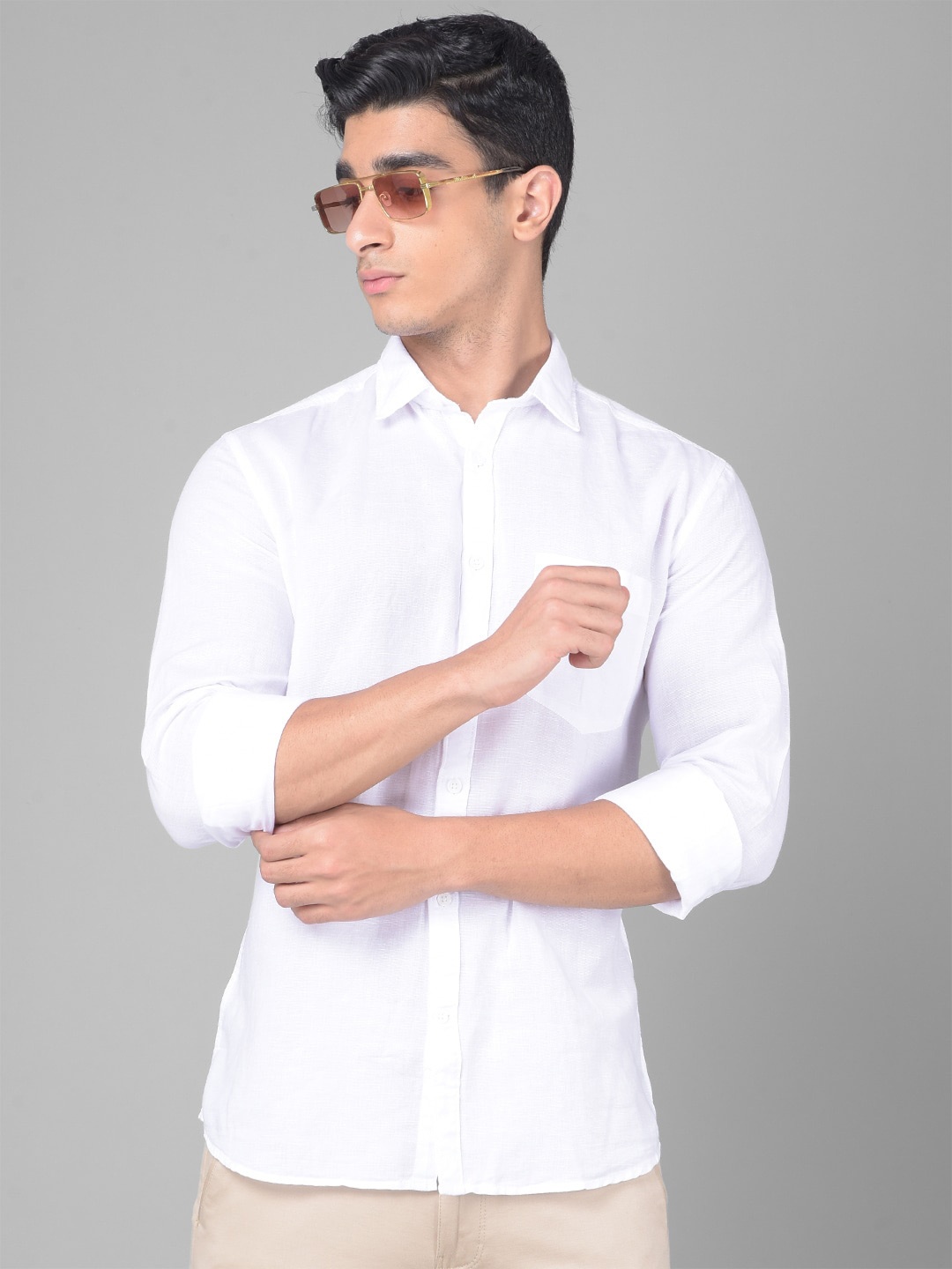 

Crimsoune Club Slim Fit Cotton Linen Classic Casual Shirt, White