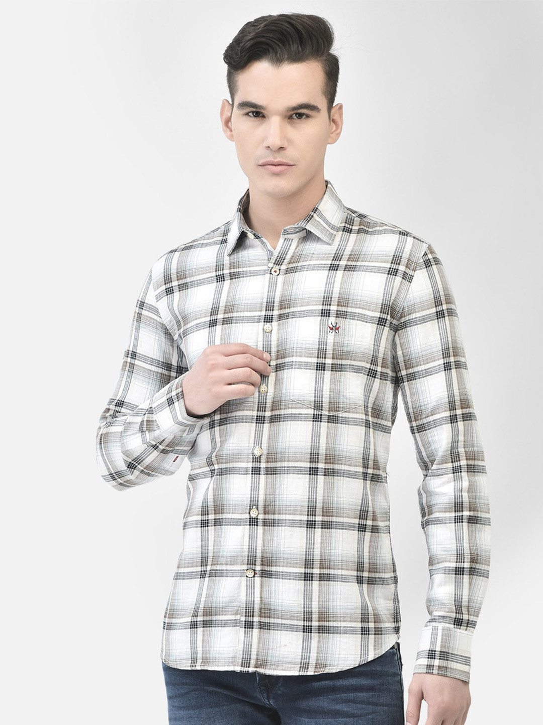 

Crimsoune Club Checked Pure Cotton Slim Fit Casual Shirt, White