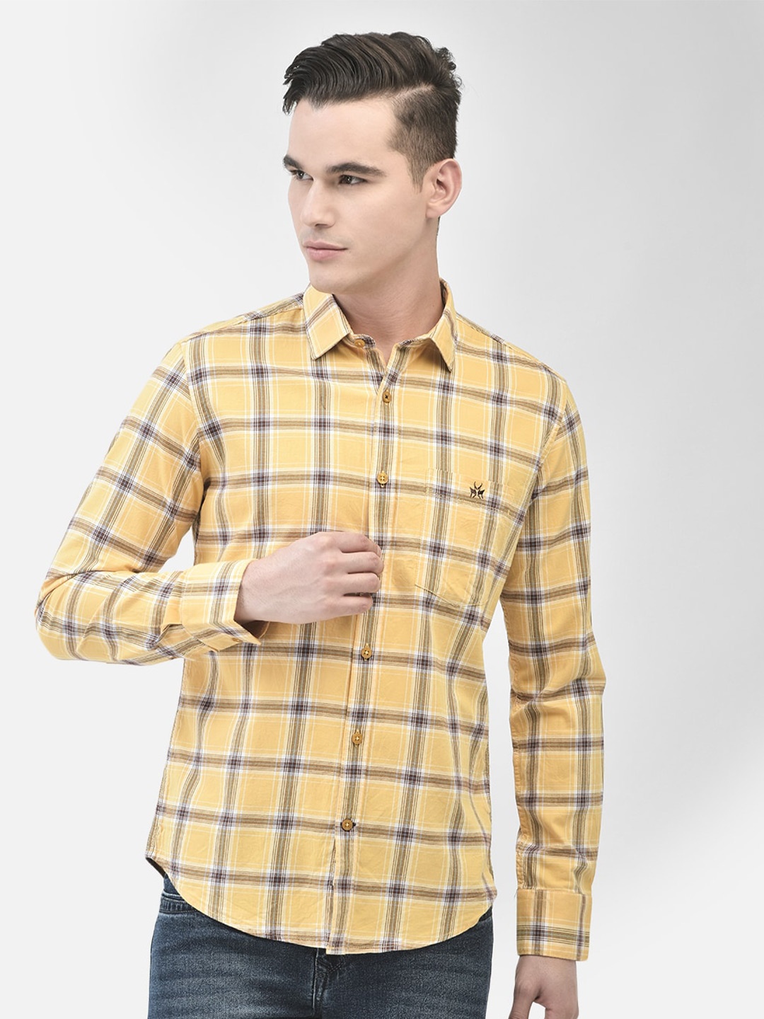 

Crimsoune Club Slim Fit Checked Pure Cotton Casual Shirt, Yellow