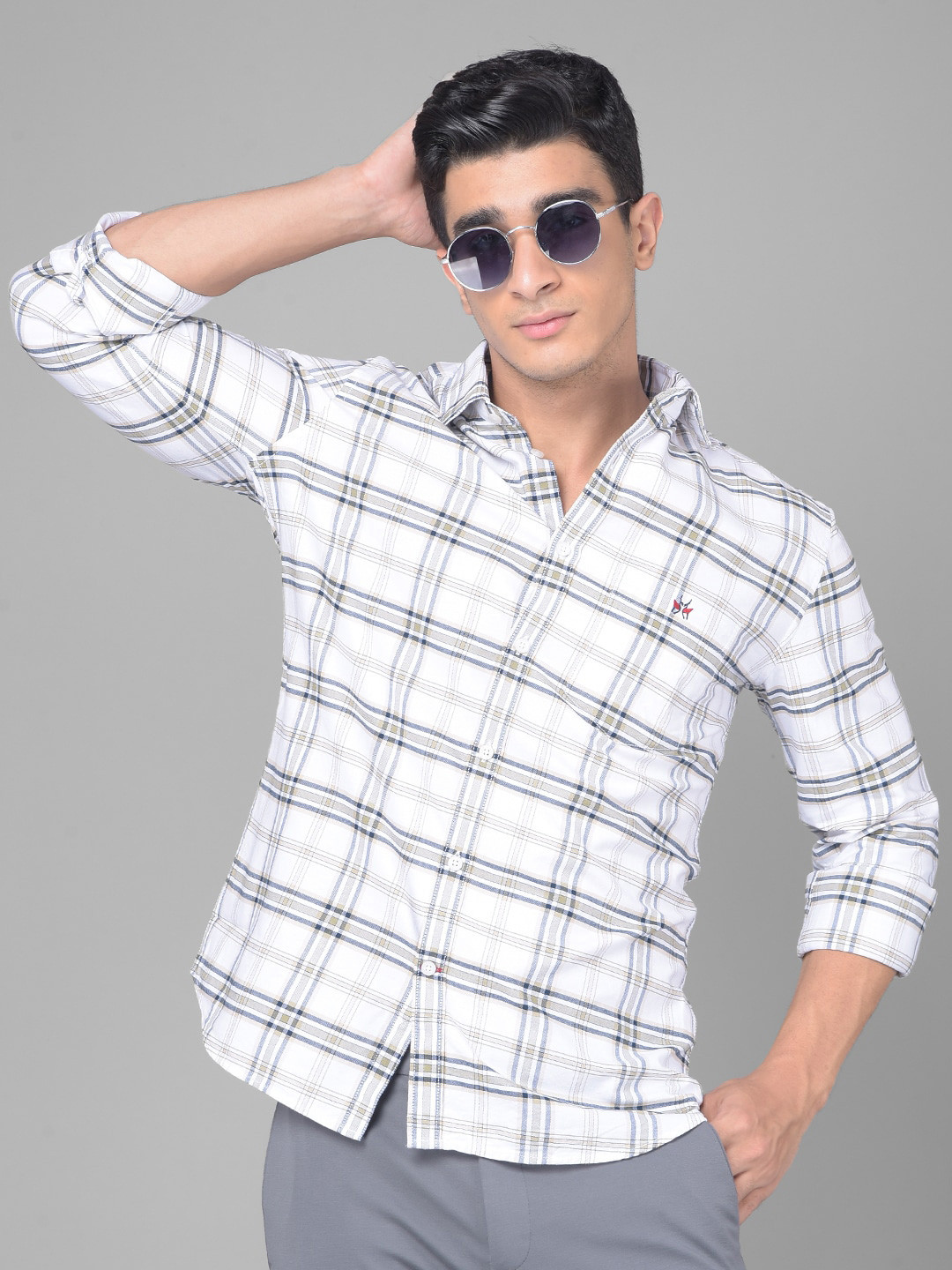 

Crimsoune Club Slim Fit Tartan Checked Pure Cotton Casual Shirt, White
