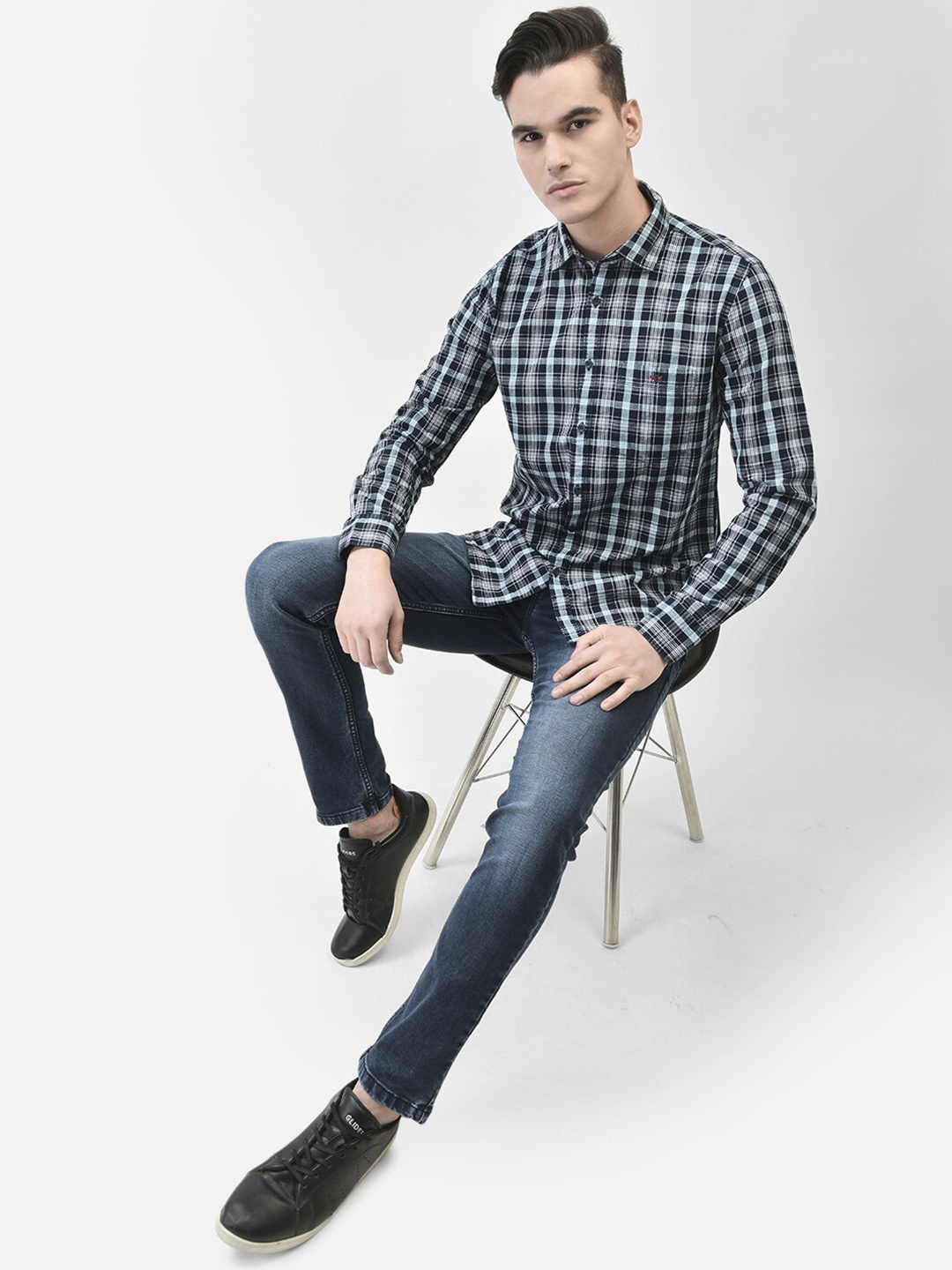 

Crimsoune Club Slim Fit Tartan Checked Pure Cotton Casual Shirt, Navy blue