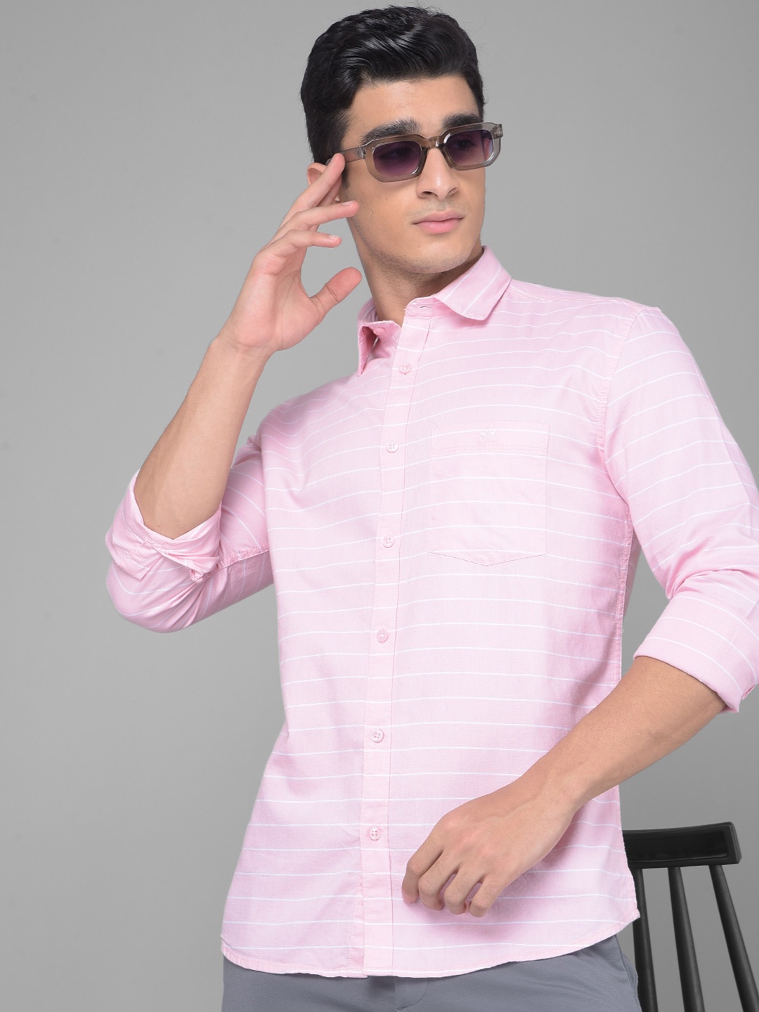 

Crimsoune Club Slim Fit Horizontal Stripes Cotton Casual Shirt, Pink