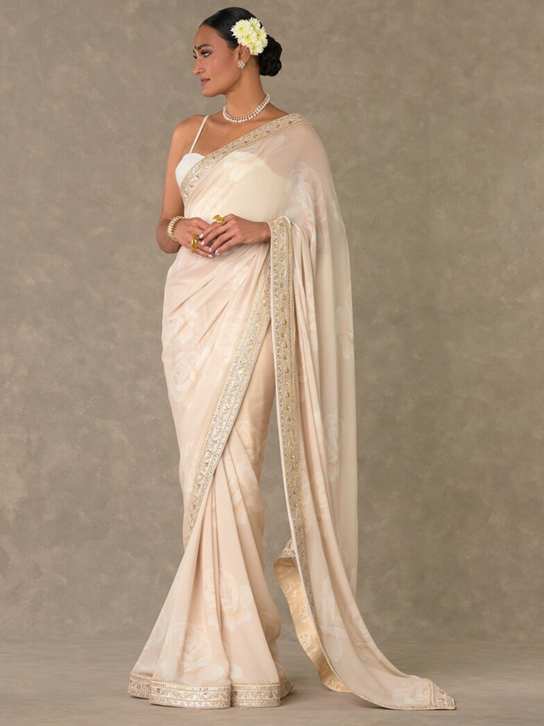 

Masaba Floral Printed Embroidered Pure Georgette Saree, White