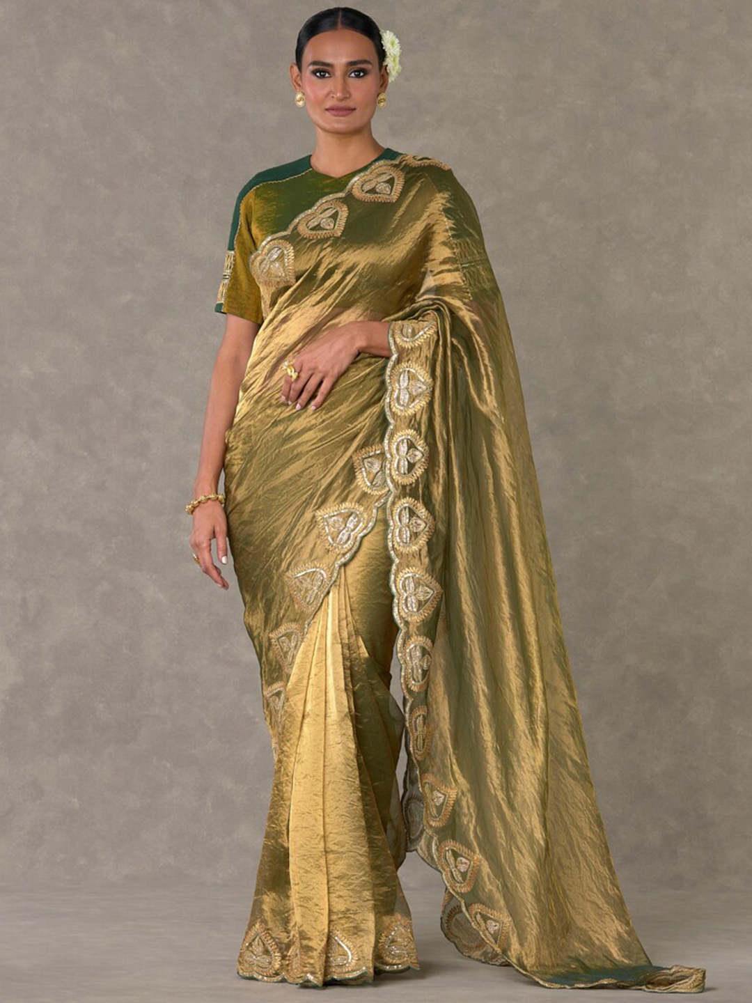 

Masaba Embroidered Border Paan Tissue Saree, Green