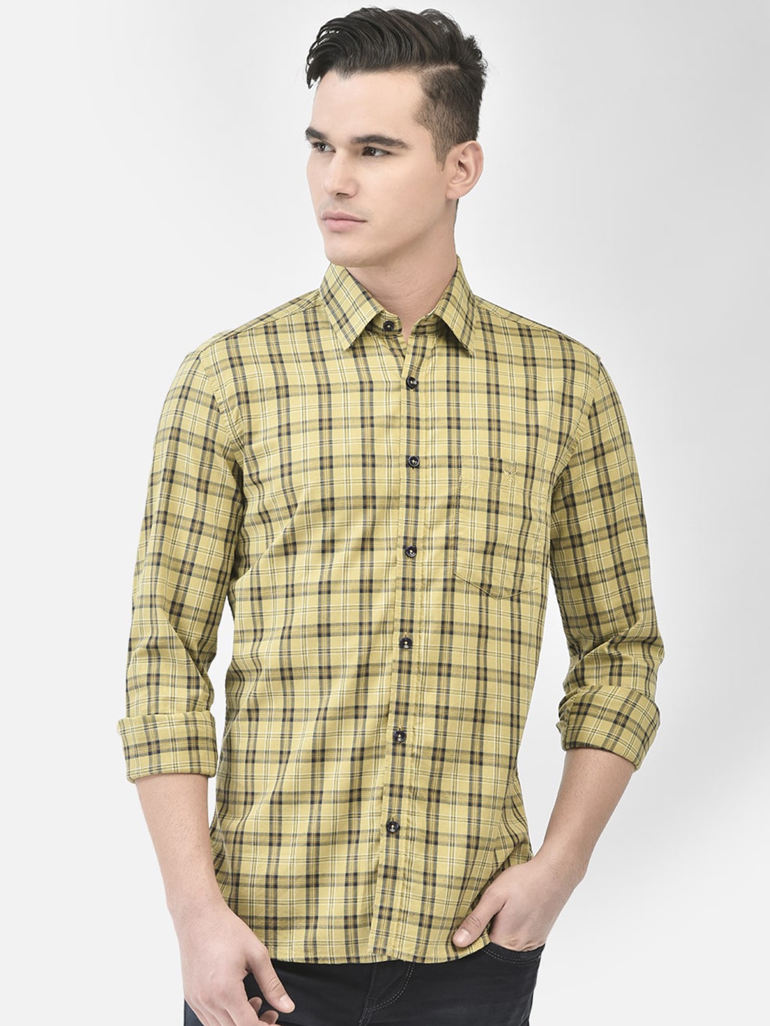 

Crimsoune Club Slim Fit Tartan Checks Checked Pure Cotton Casual Shirt, Mustard