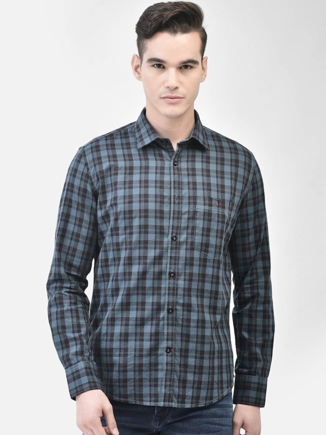 

Crimsoune Club Slim Fit Tartan Checked Pure Cotton Casual Shirt, Blue