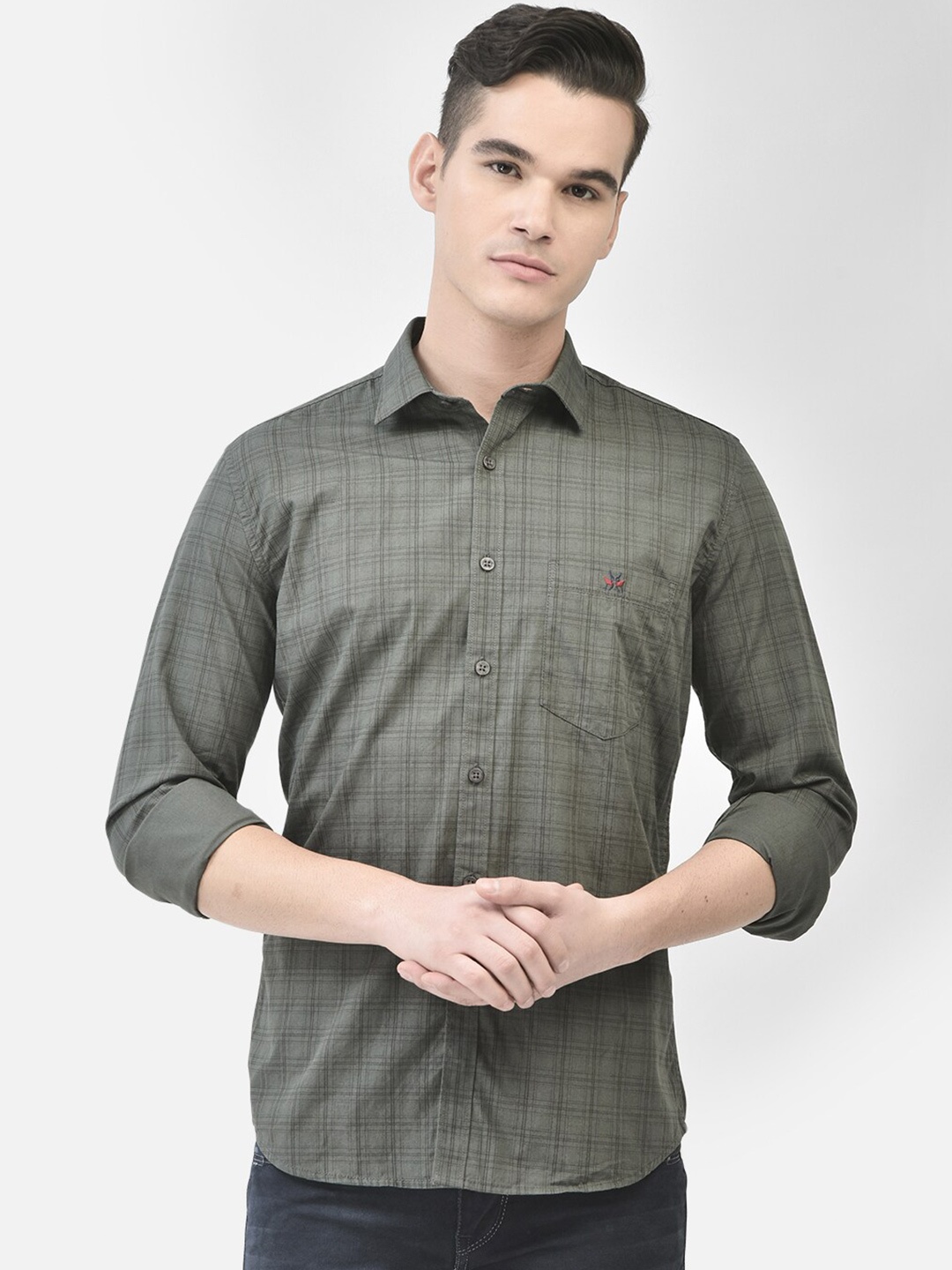 

Crimsoune Club Spread Collar Slim Fit Checked Pure Cotton Casual Shirt, Green