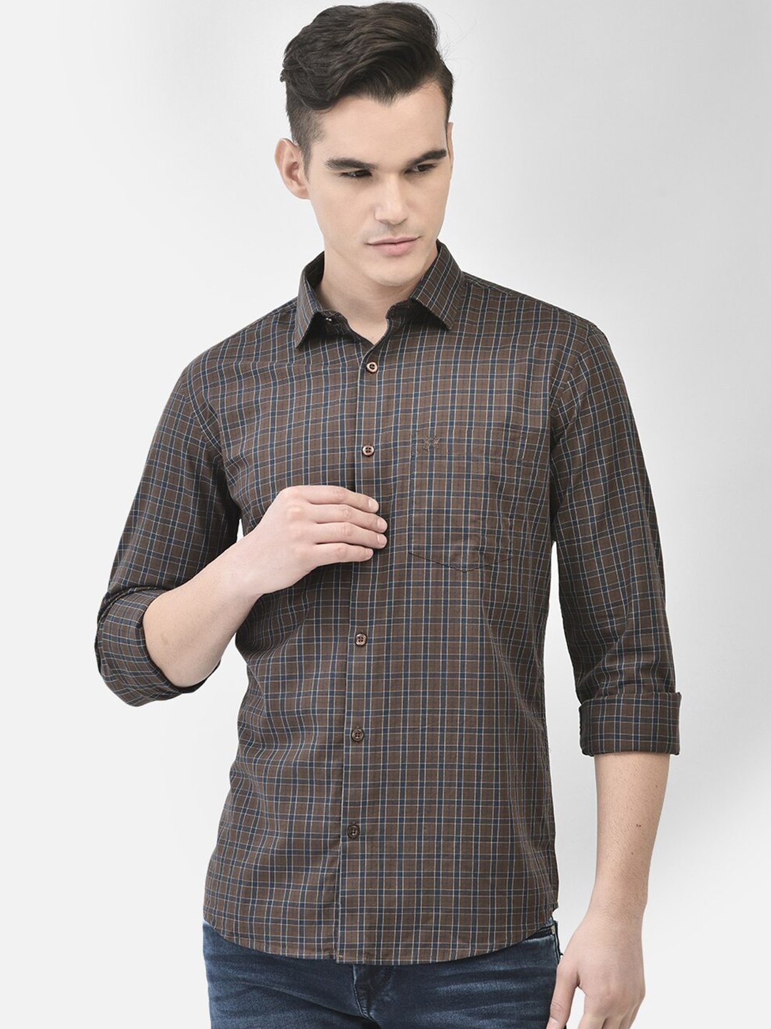 

Crimsoune Club Slim Fit Checked Pure Cotton Casual Shirt, Brown