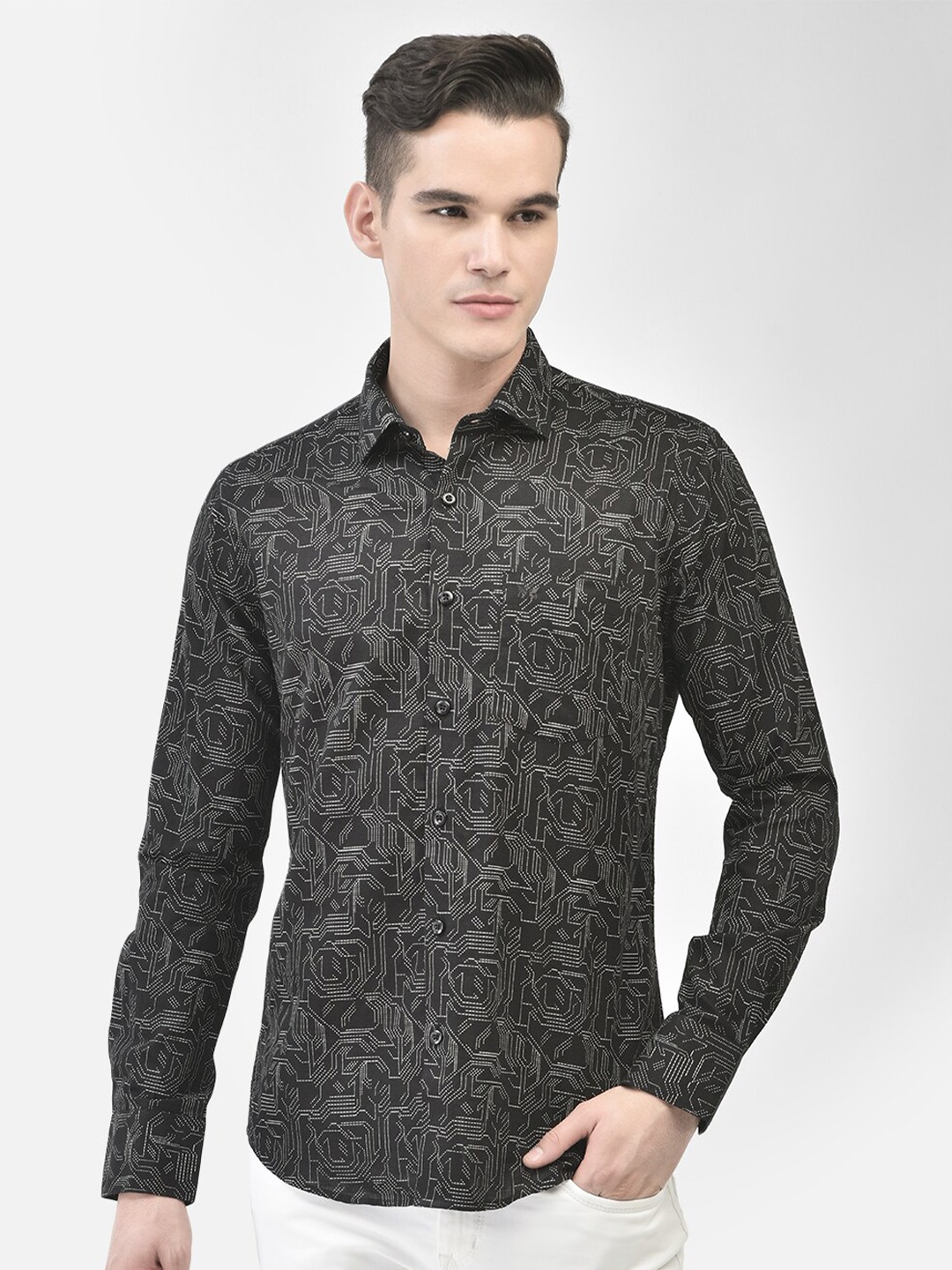 

Crimsoune Club Slim Fit Abstract Printed Pure Cotton Casual Shirt, Black