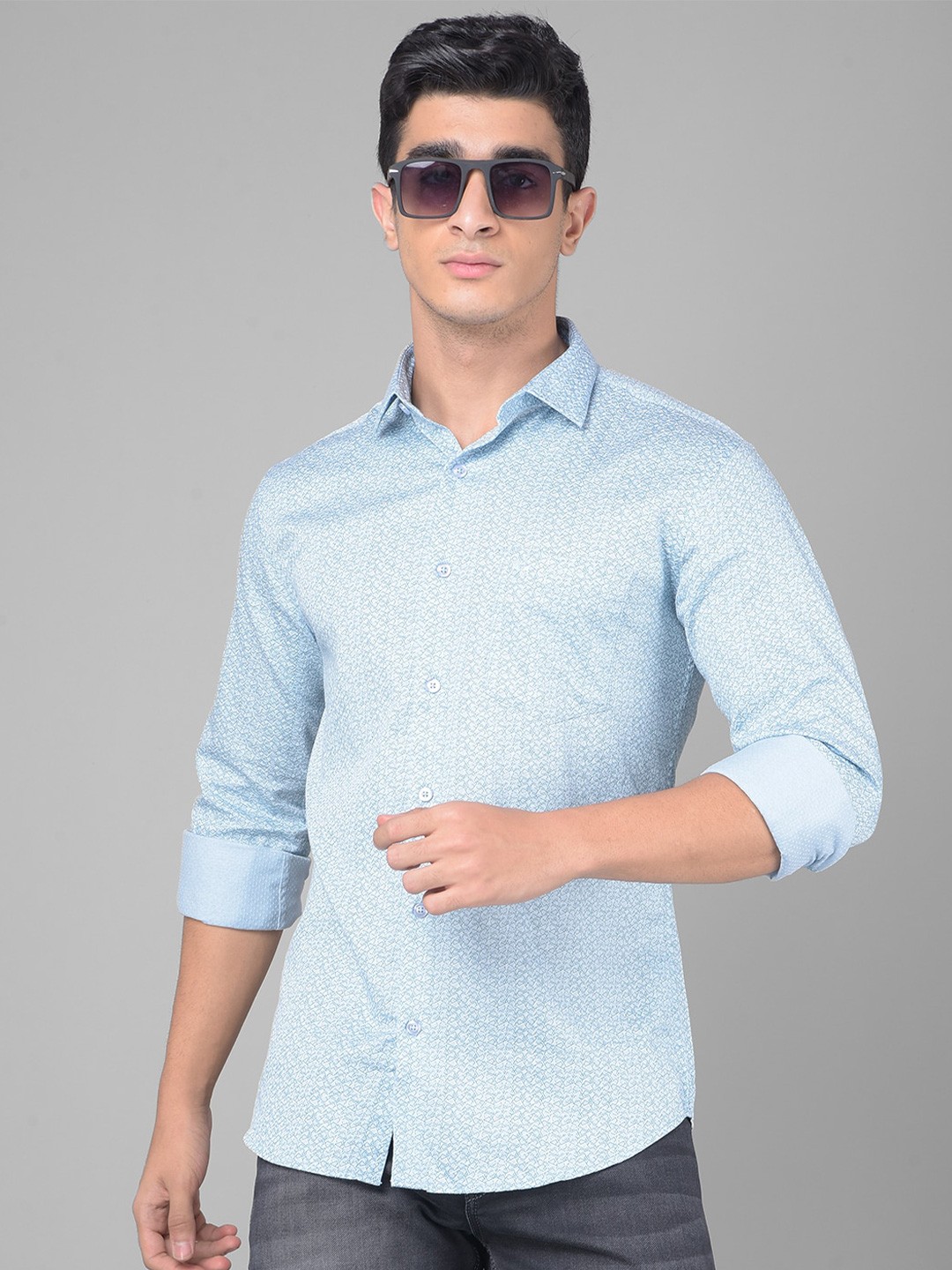 

Crimsoune Club Micro Ditsy Printed Slim Fit Pure Cotton Casual Shirt, Blue