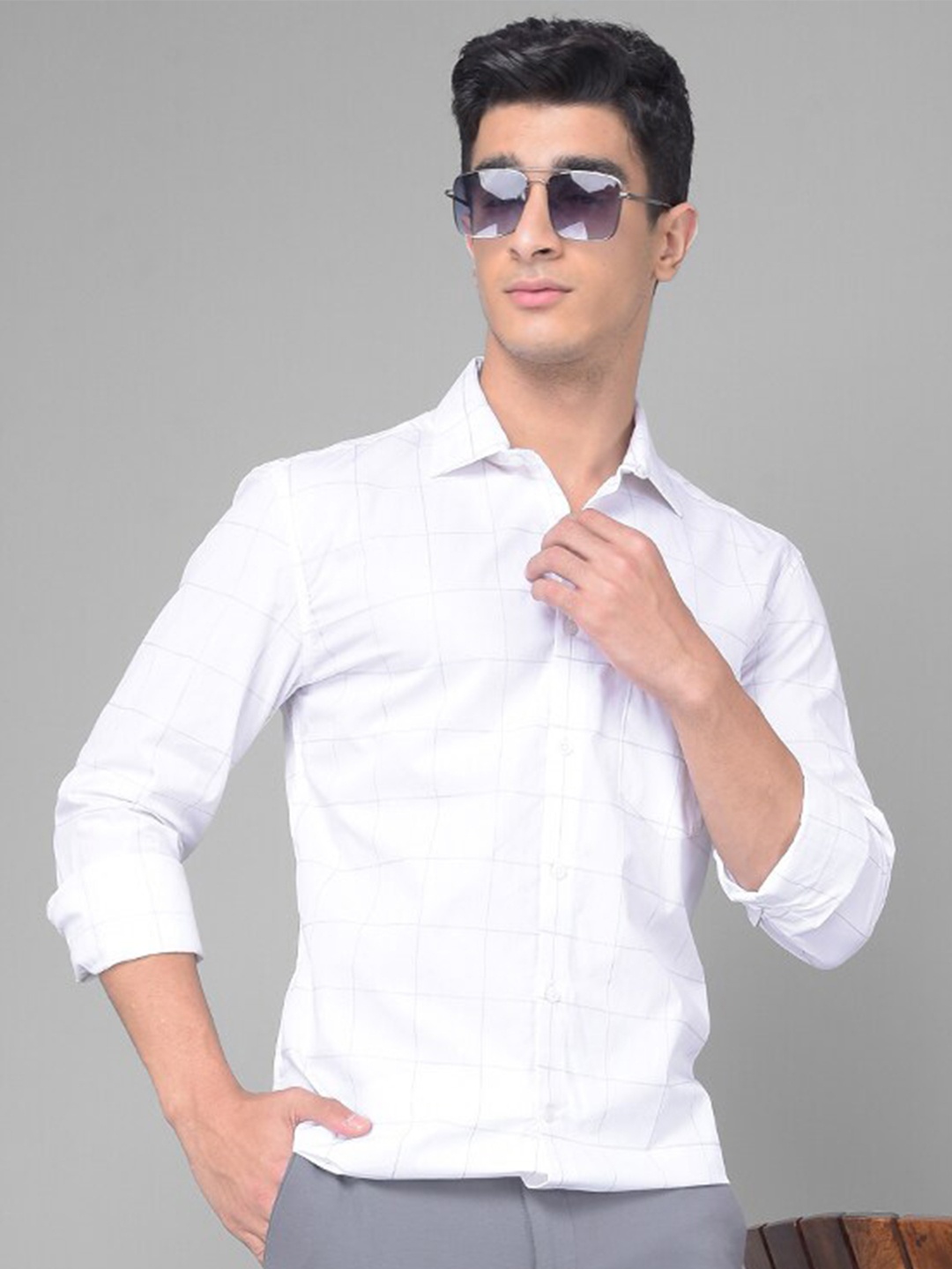 

Crimsoune Club Slim Fit Windowpane Checked Pure Cotton Casual Shirt, White