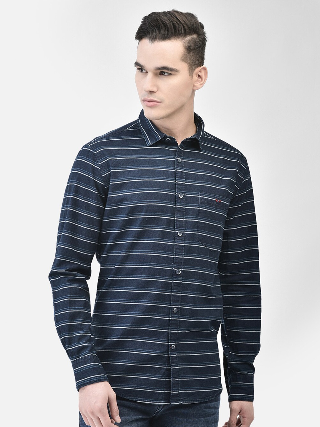 

Crimsoune Club Slim Fit Horizontal Stripes Cotton Casual Shirt, Navy blue