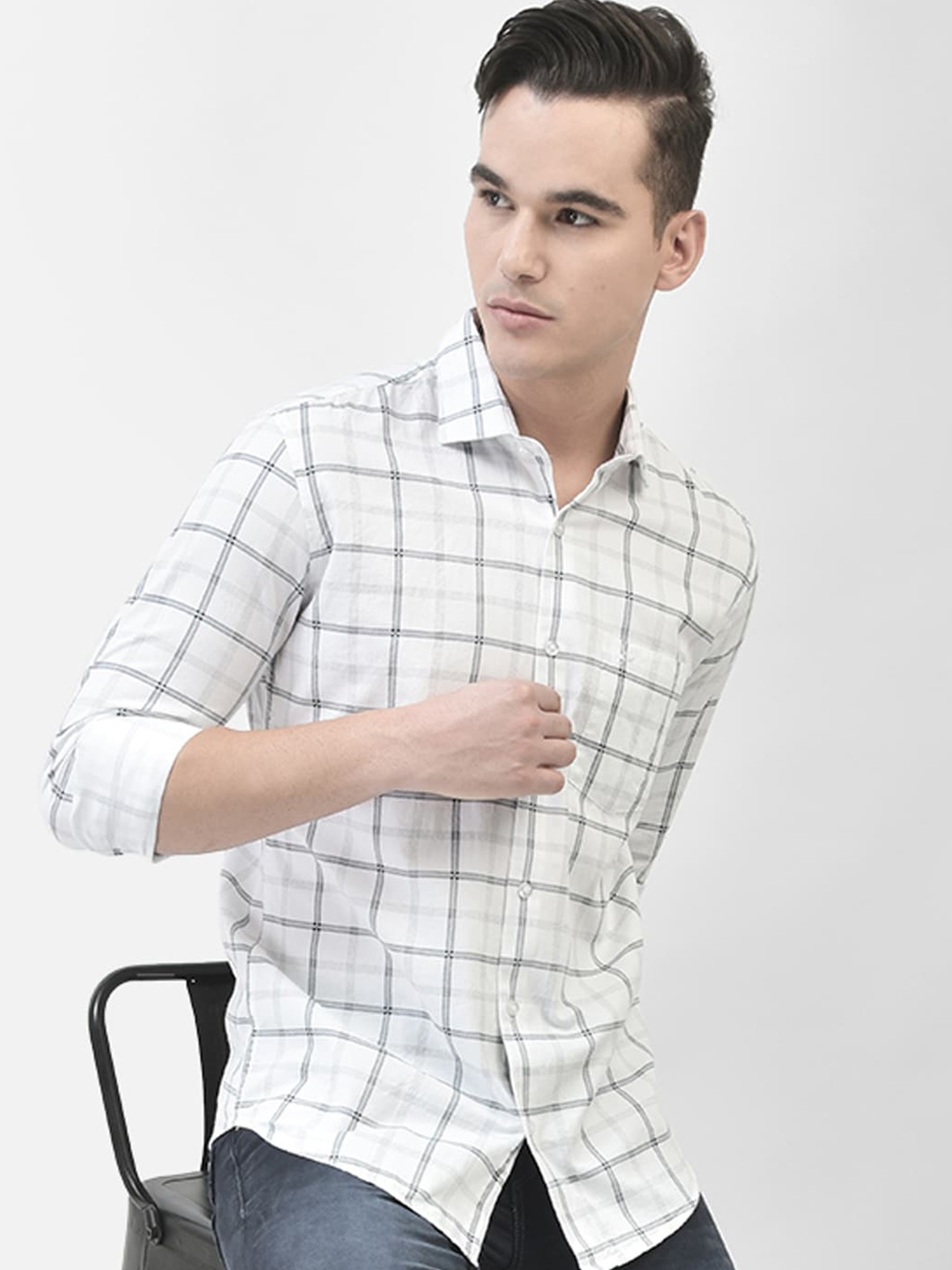 

Crimsoune Club Slim Fit Windowpane Checked Pure Cotton Casual Shirt, White