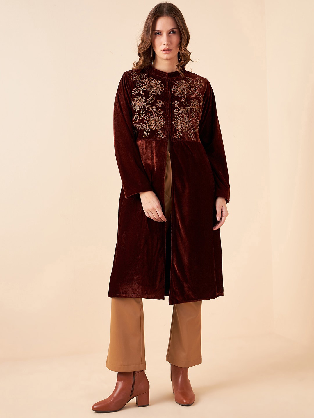

Antheaa Floral Embroidered Longline Open Front Jacket, Brown