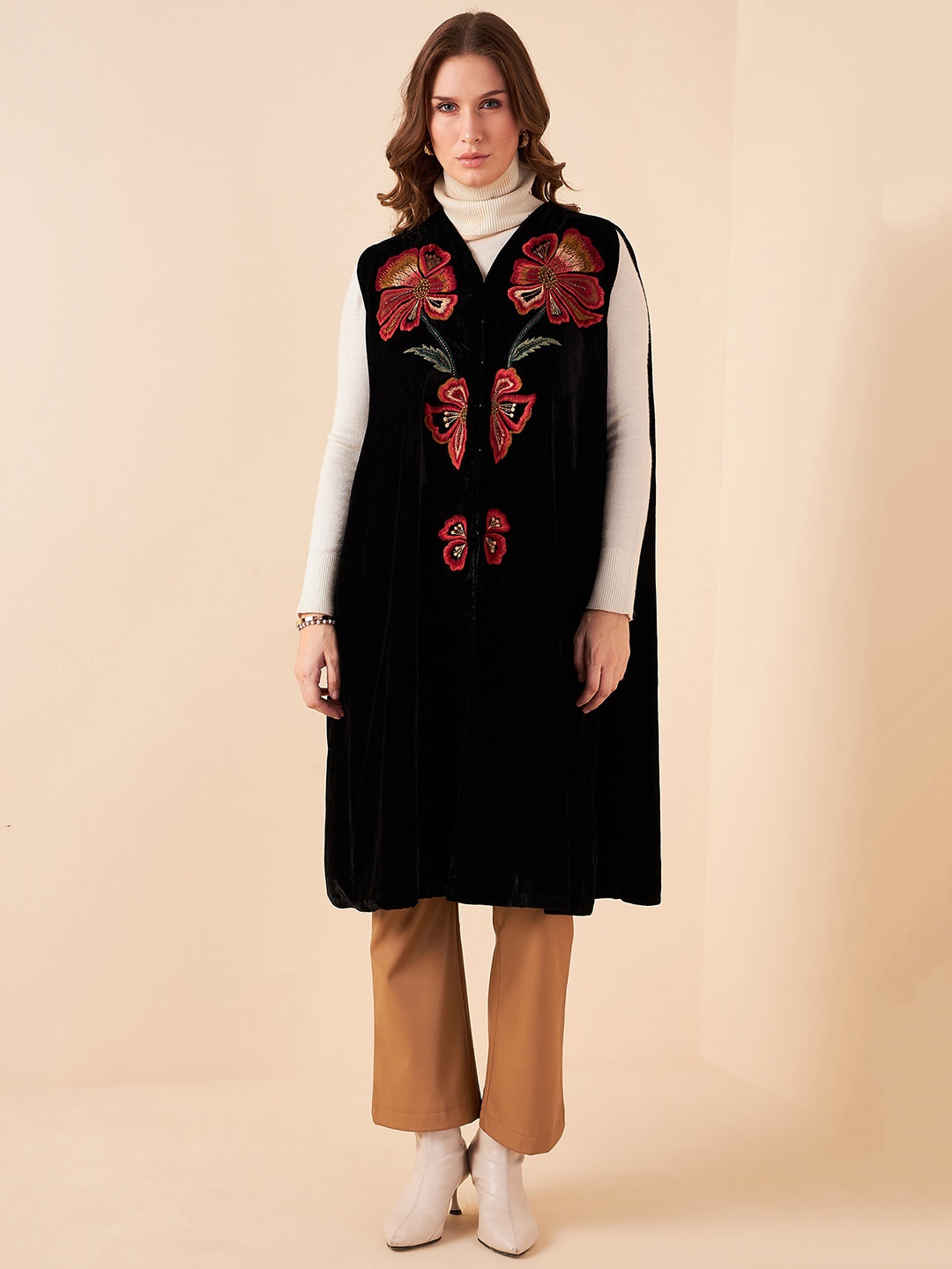 

Antheaa Floral Longline Velvet Tailored Jacket With Embroidered, Black