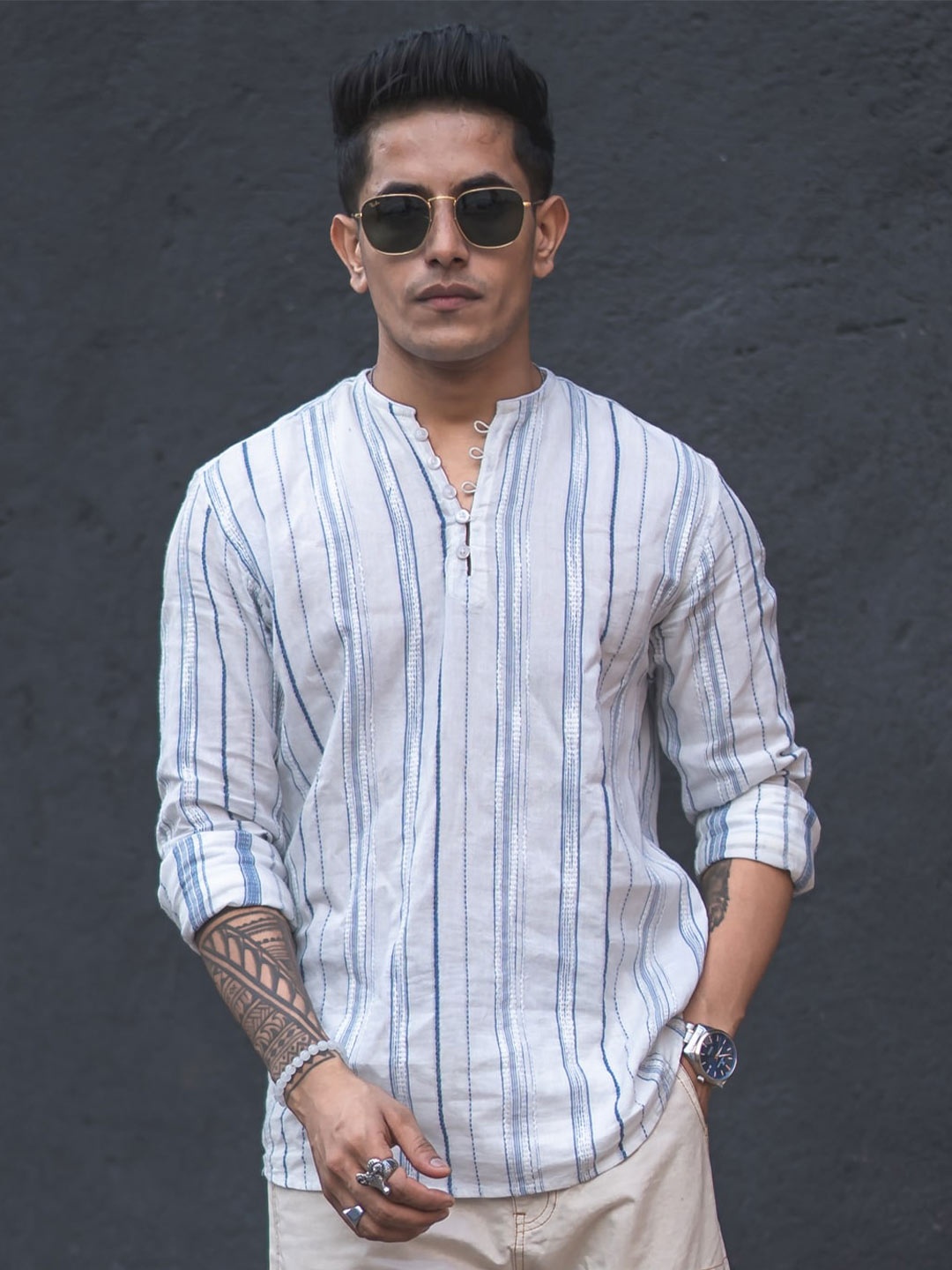 

Powerlook White India Slim Oversized Vertical Stripes Mandarin Collar Casual Shirt