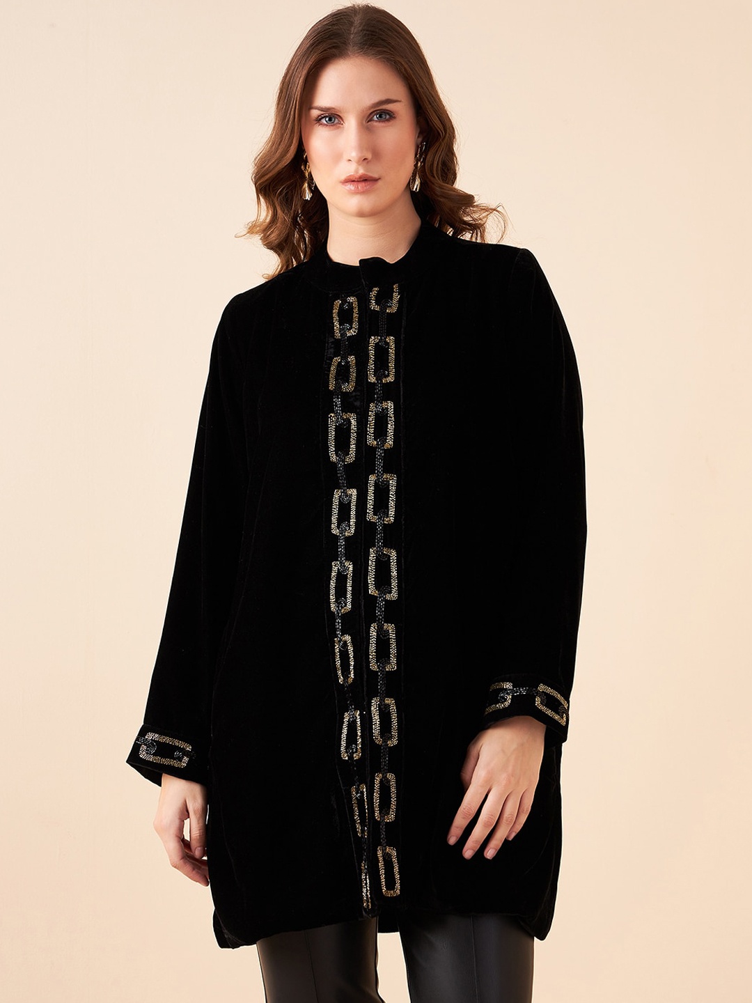 

Antheaa Longline Velvet Tailored Jacket With Embellished, Black