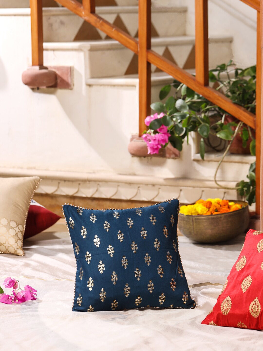 

House of Pataudi Printed Square Cushion Covers, Teal