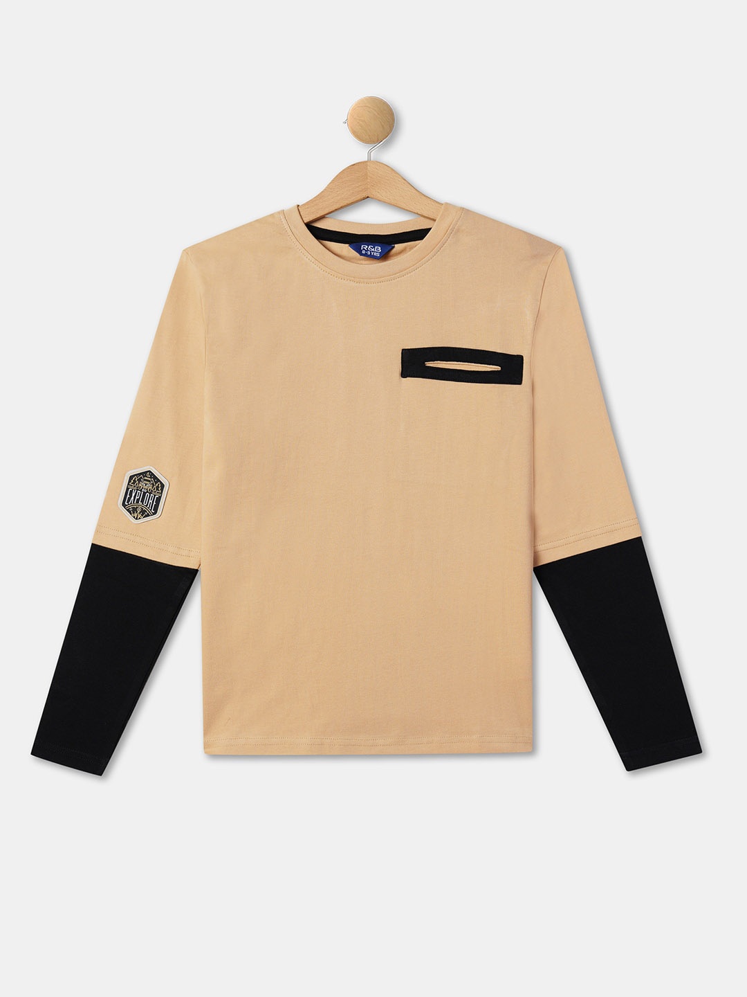

R&B Boys Colourblocked Pockets Cotton Casual T-shirt, Beige
