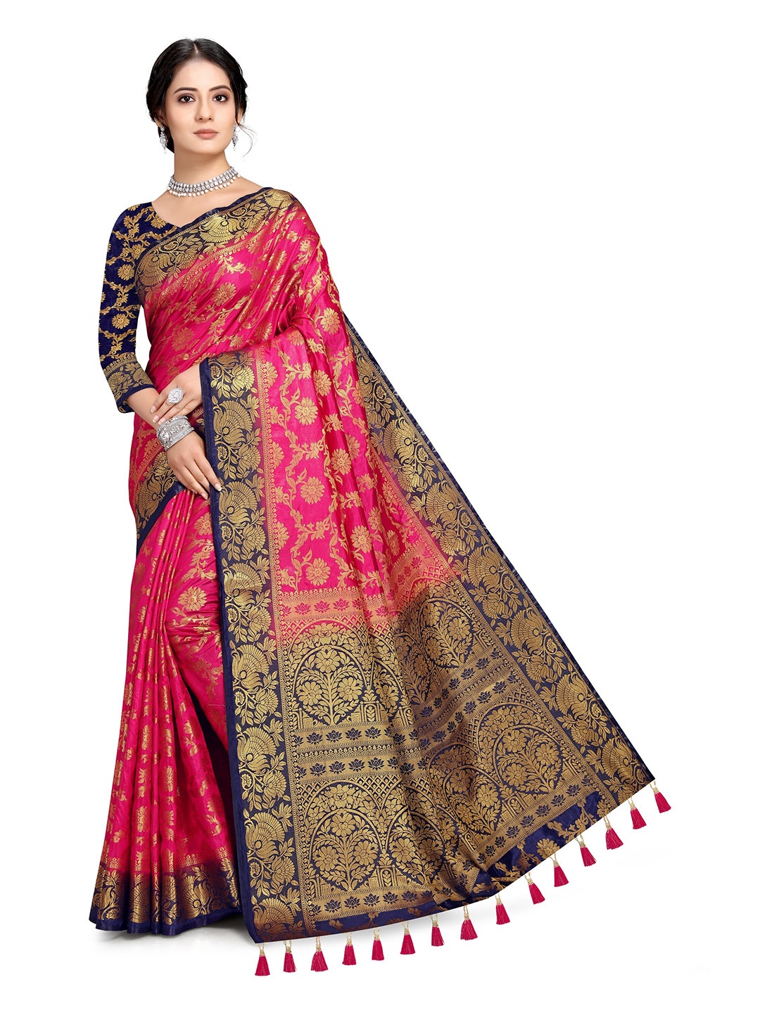

COSBILA FASHION Ethnic Motifs Woven Design Zari Detail Silk Cotton Saree, Pink