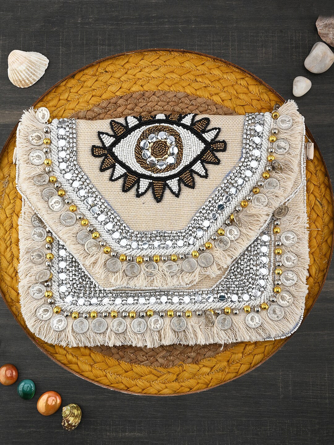 

gaura pakhi Embellished Jute Envelope Clutch, Off white