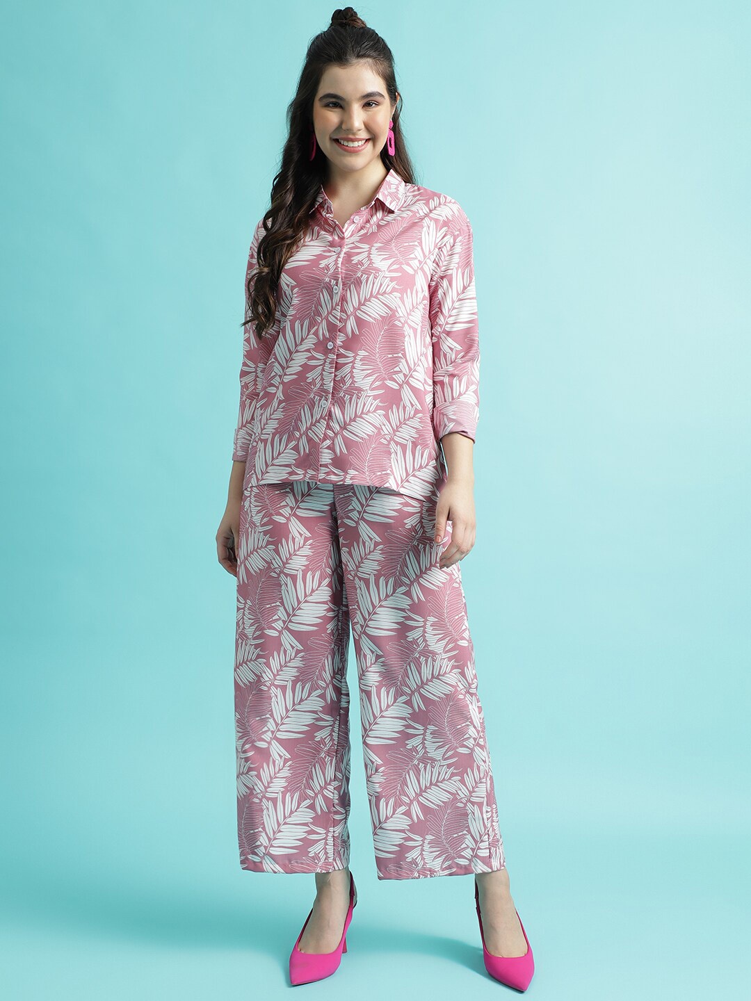 

J Turritopsis Tropical Printed Shirt Collar Long Sleeves Shirt & Palazzo, Pink
