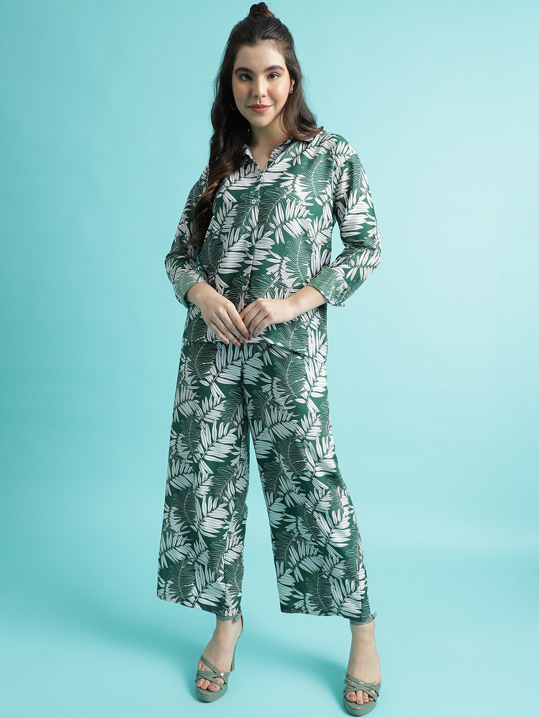 

J Turritopsis Tropical Printed Shirt Collar Long Sleeves Shirt & Palazzo, Green