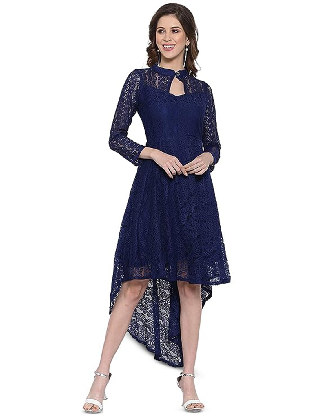 

ZELZIS Self Designed Keyhole Neck A-Line Midi Dress, Blue