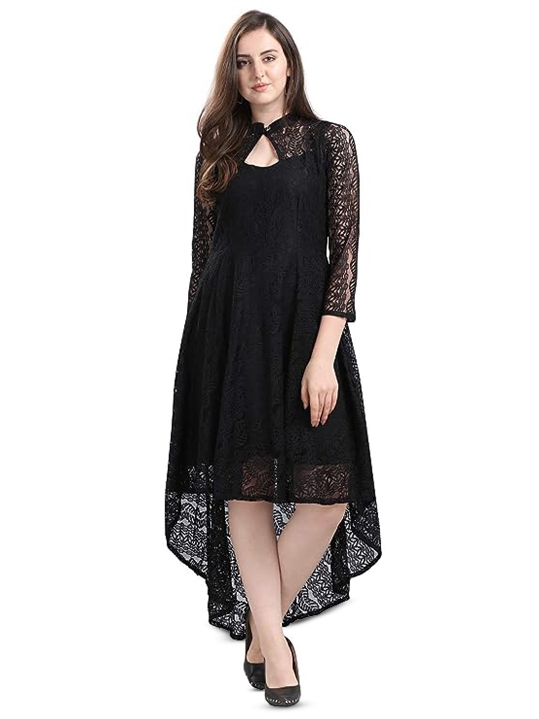 

ZELZIS Self Designed Keyhole Neck A-Line Midi Dress, Black