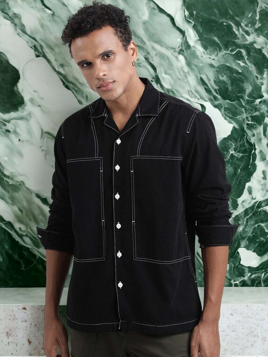 

Bene Kleed Notched Lapel Collar Pure Cotton Tailored Jacket With Contrast Stitch, Black