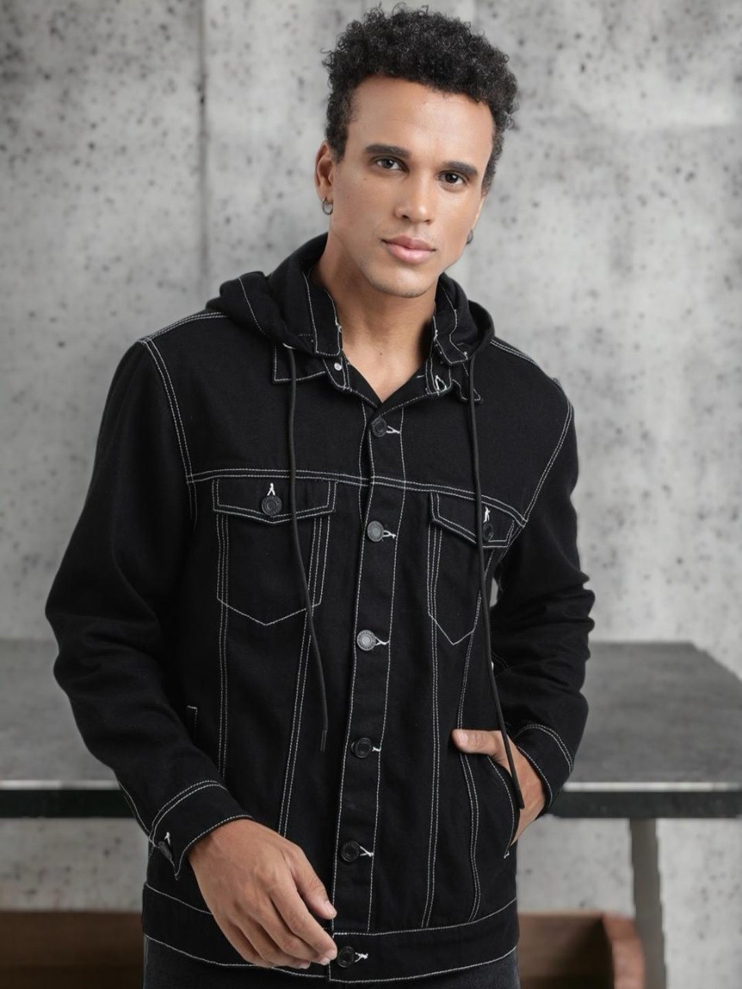 

Bene Kleed Cotton Tailored Jacket With Detachable Hoodie & Contrast Stitch, Black