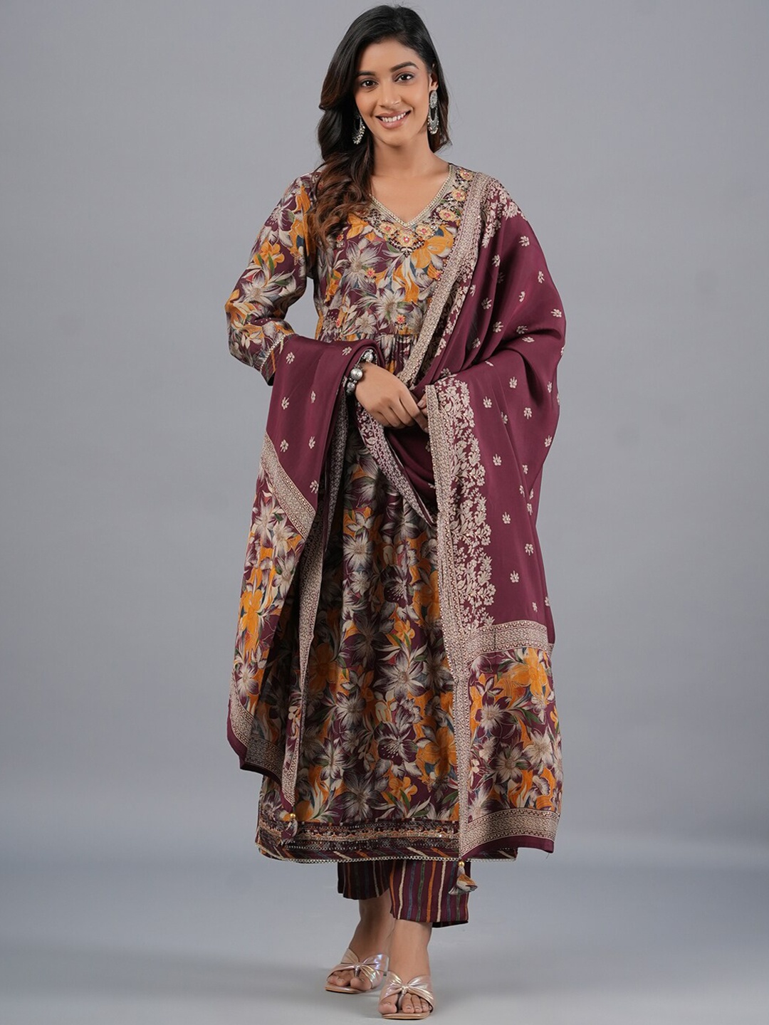

Amchoor Floral Printed V-Neck Thread Work A-Line Kurta with Trouser & Dupatta, Maroon