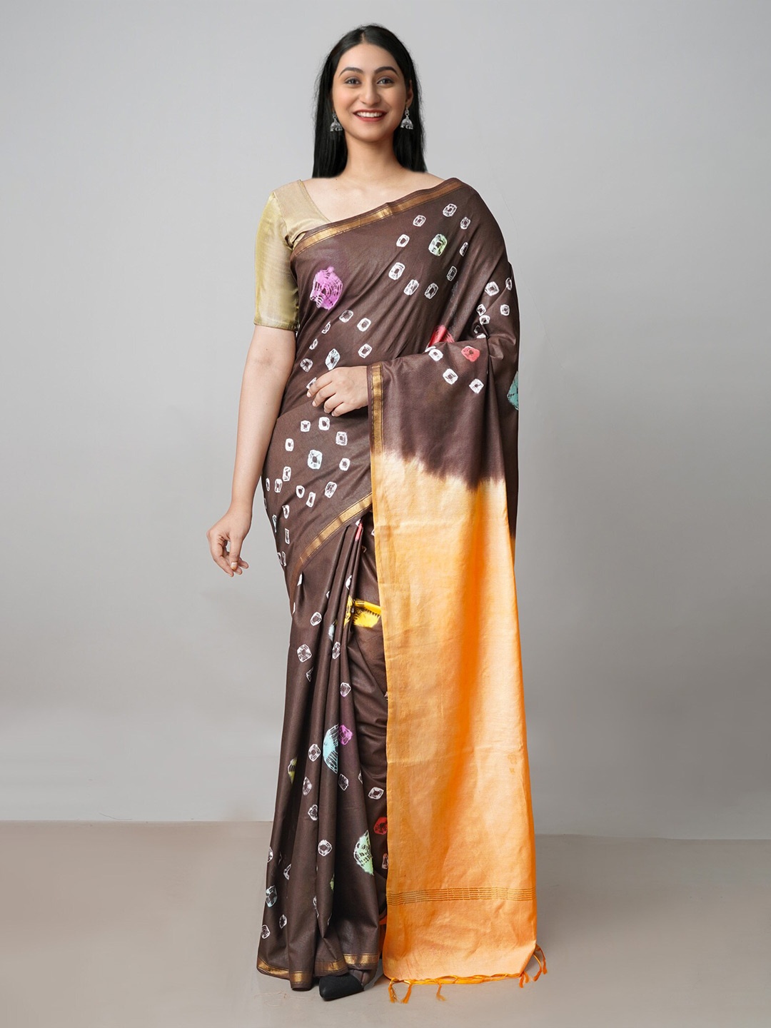 

Unnati Silks Batik Zari Silk Cotton Chanderi Saree, Brown