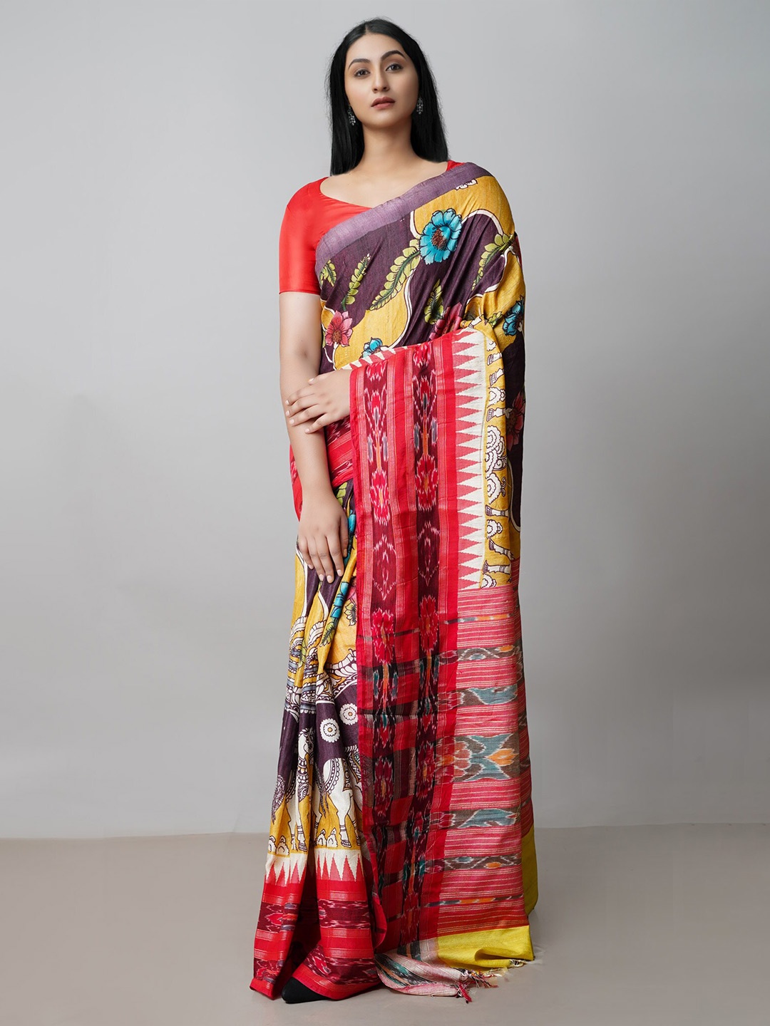 

Unnati Silks Kalamkari Jute Silk Handloom Tussar Saree, Yellow