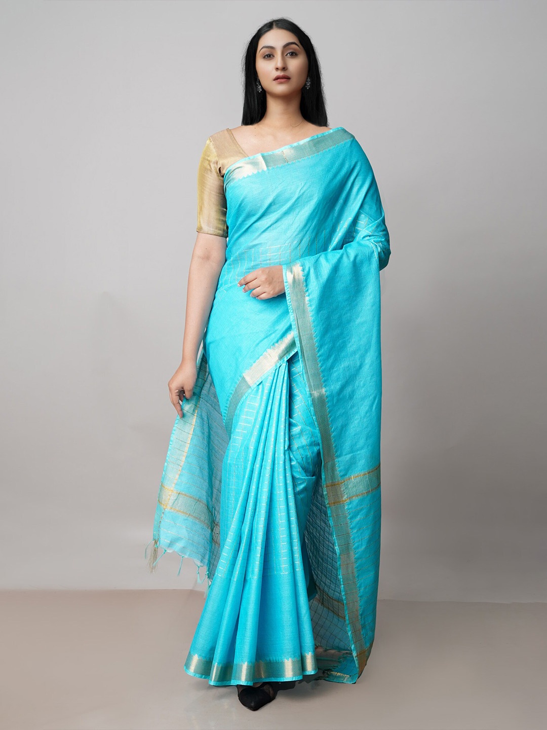 

Unnati Silks Geometric Woven Design Zari Silk Cotton Chanderi Saree, Blue