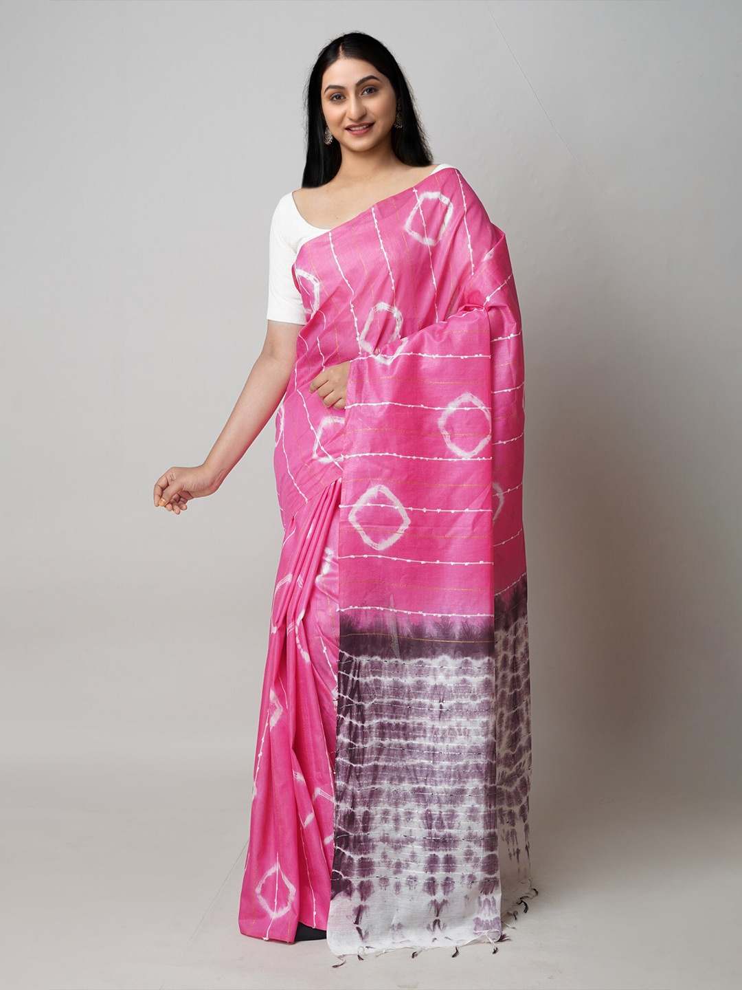 

Unnati Silks Tie and Dyed Silk Cotton Leheriya Saree, Pink