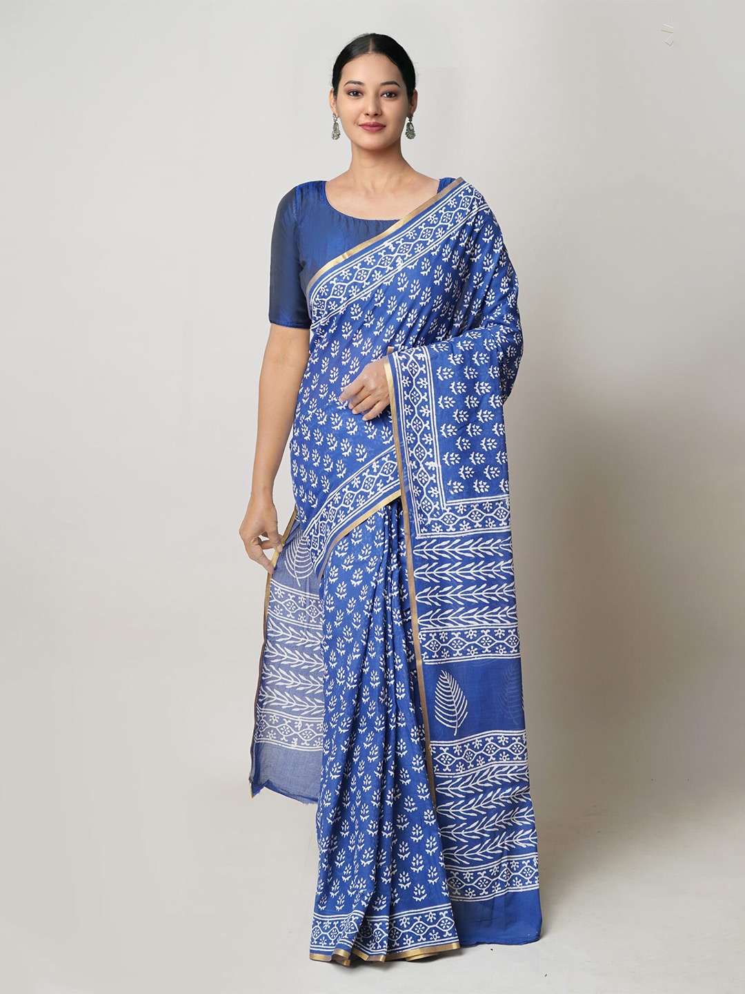 

Unnati Silks Ethnic Motifs Printed Zari Pure Cotton Saree, Blue