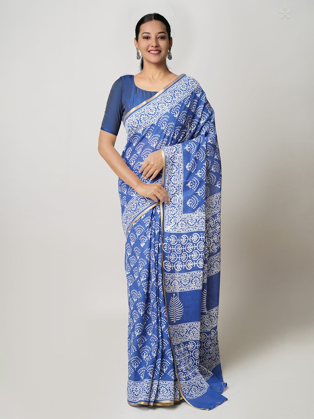 

Unnati Silks Ethnic Motifs Block Printed Pure Cotton Saree, Blue