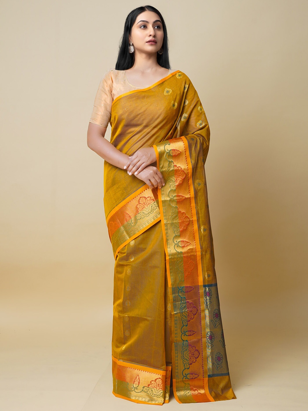 

Unnati Silks Ethnic Motifs Woven Design Zari Pure Cotton Gadwal Saree, Brown