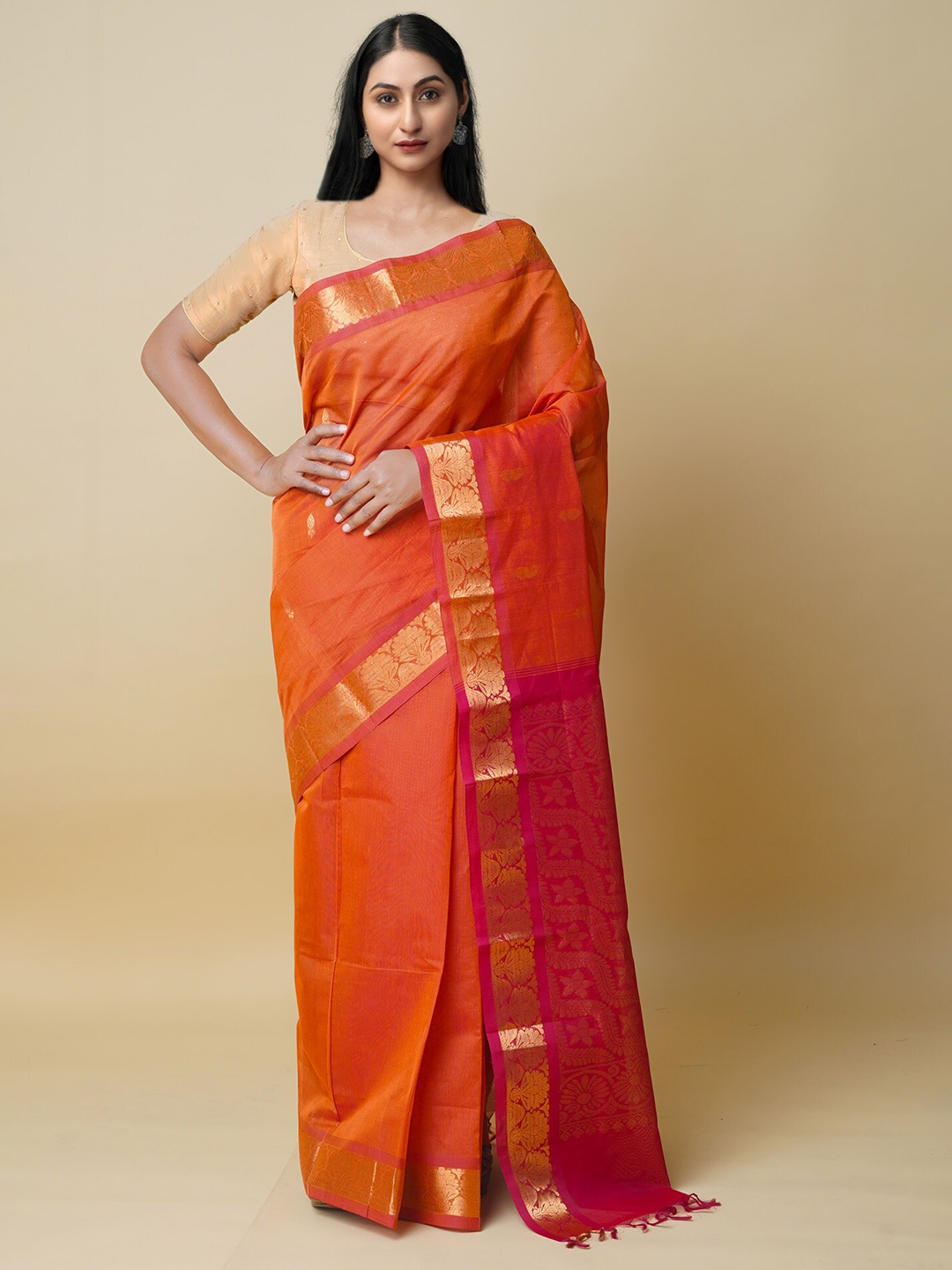 

Unnati Silks Ethnic Motifs Woven Design Zari Silk Cotton Gadwal Saree, Orange
