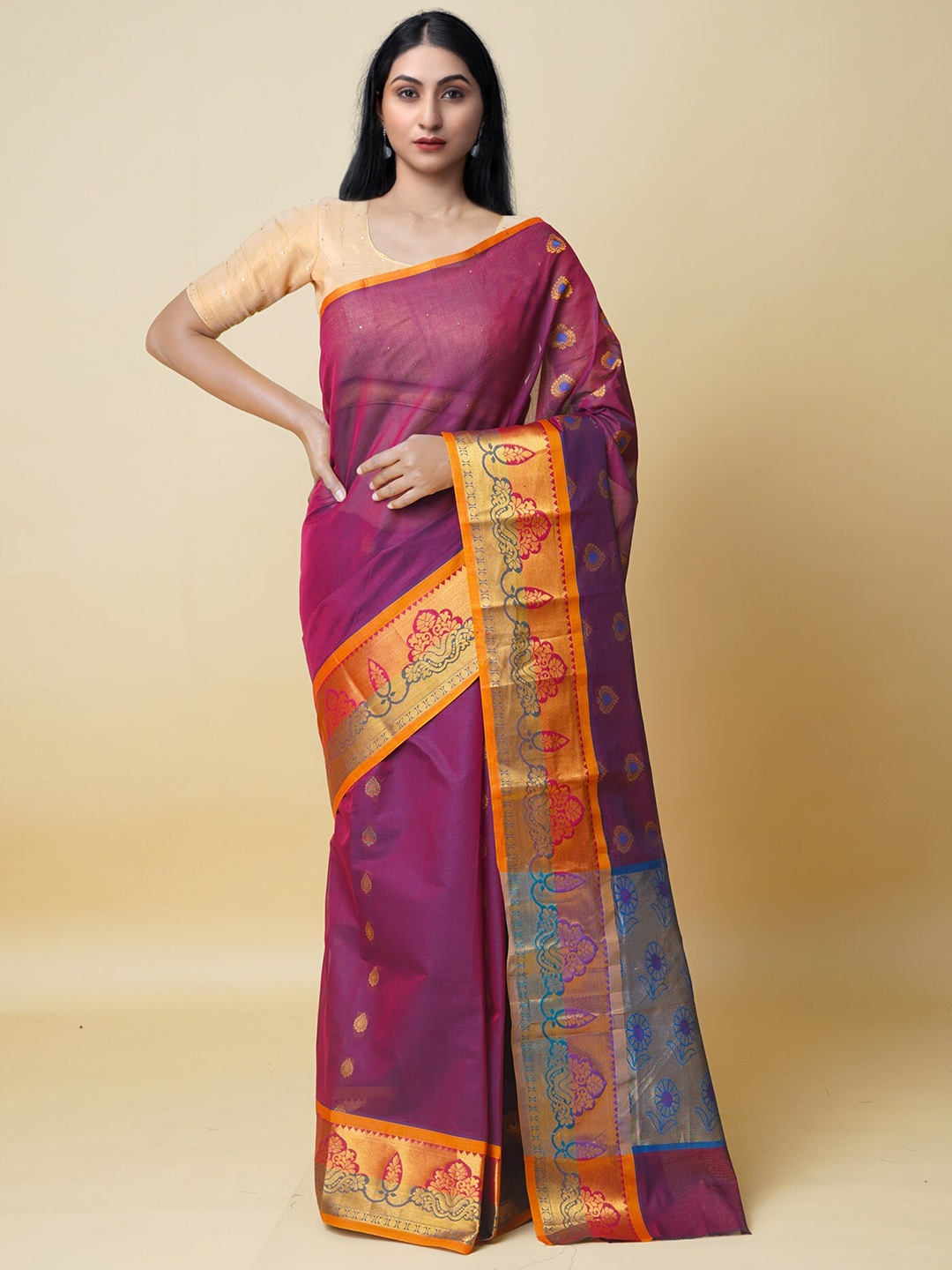 

Unnati Silks Ethnic Motifs Woven Design Zari Pure Cotton Gadwal Saree, Maroon